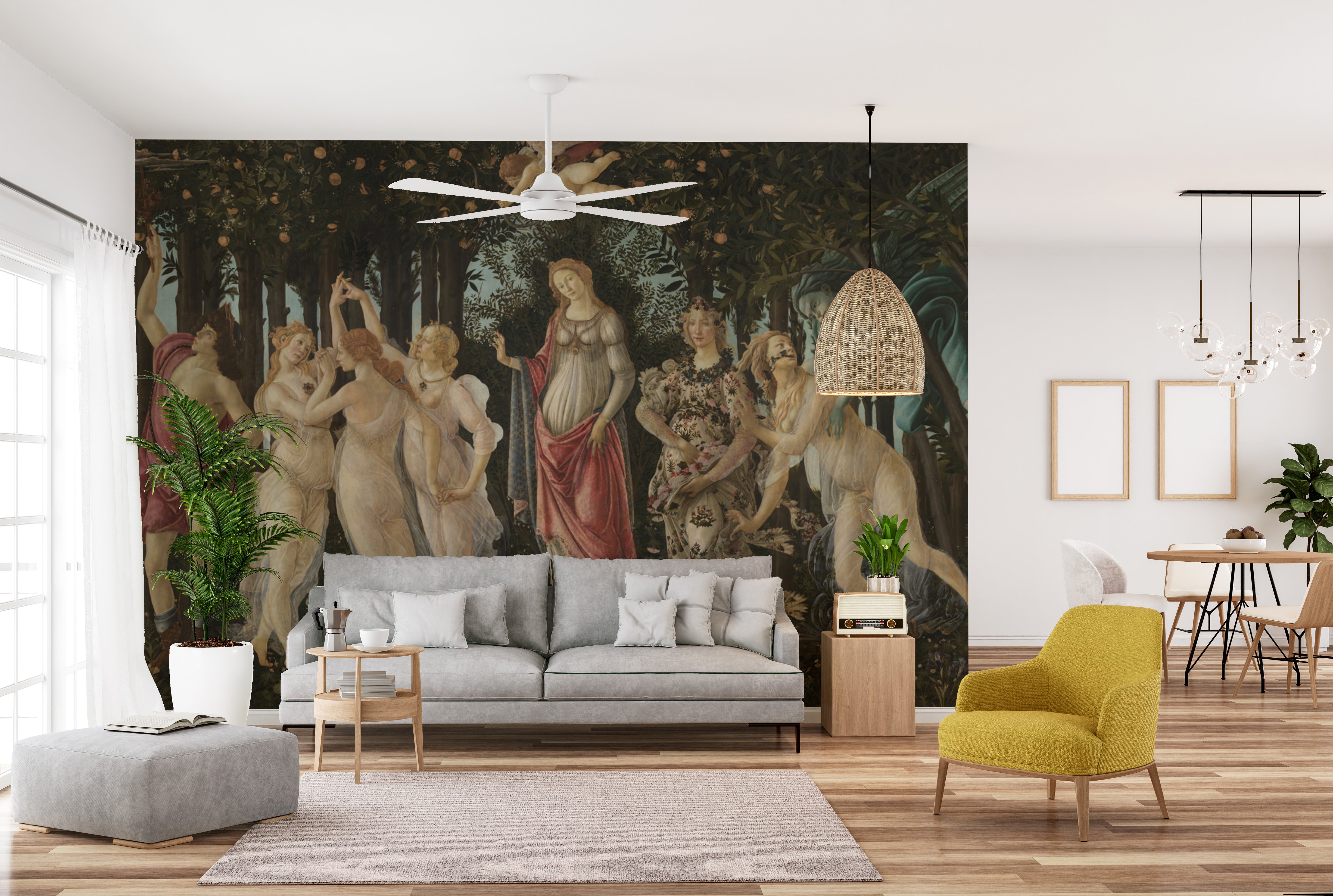 Renaissance-inspired mural of Botticelli’s Primavera garden.
