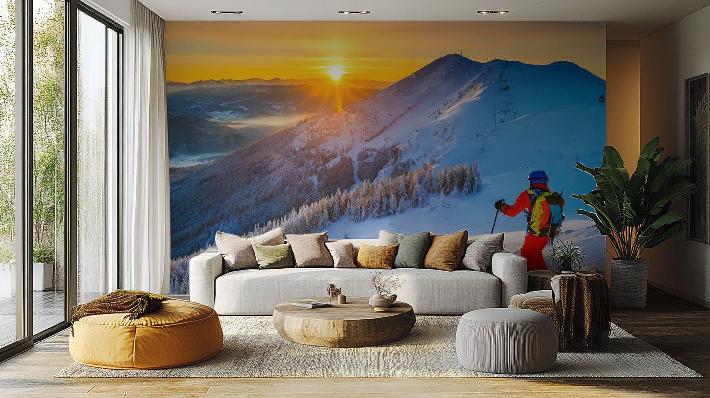 Unique skiing adventure mural for modern living room spaces.