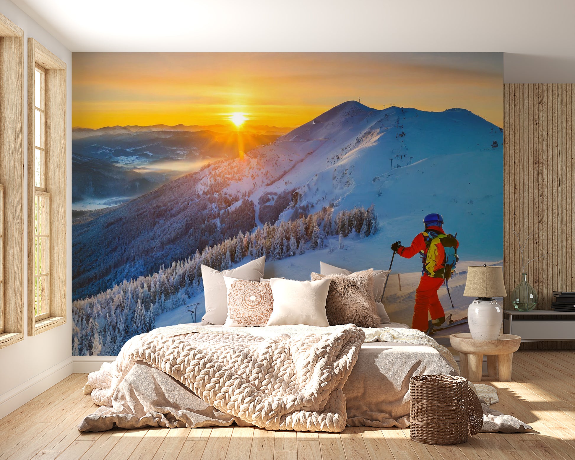 Dreamy Alpine Dawn Skiing Adventure mural for serene bedroom walls.