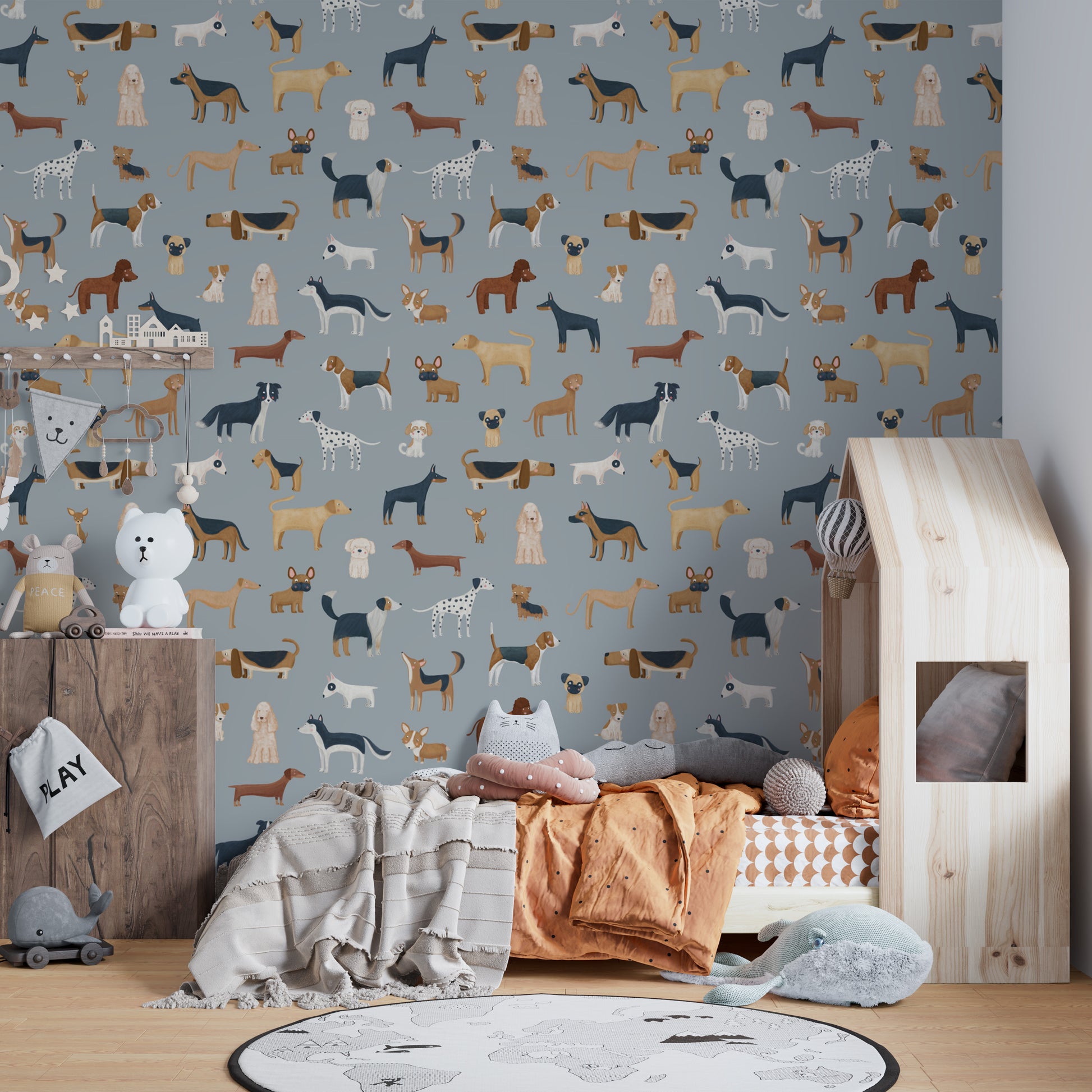 Nursery wallpaper with charming dog designs
