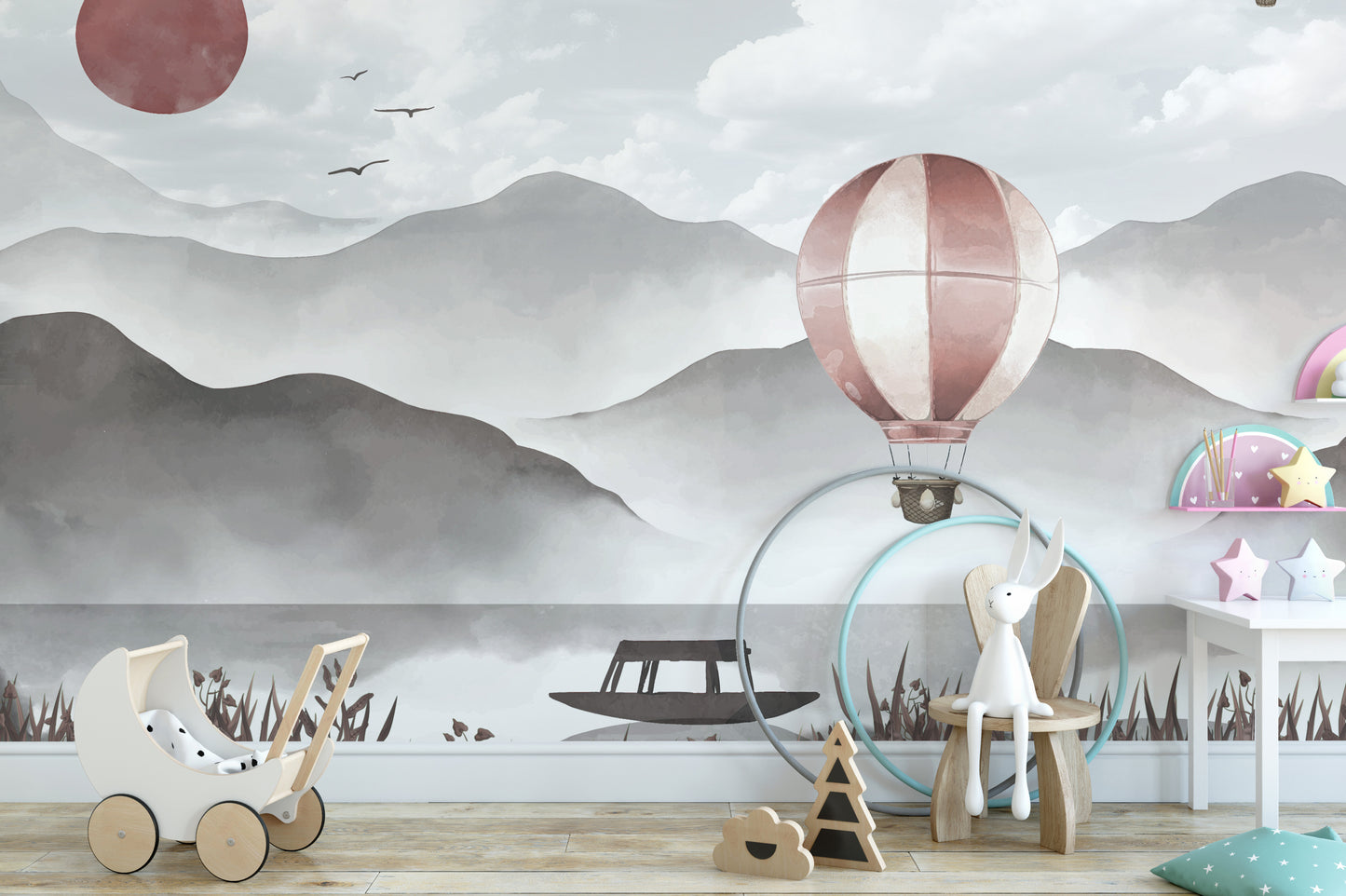 Misty mountain peaks and hot air balloon wallpaper mural