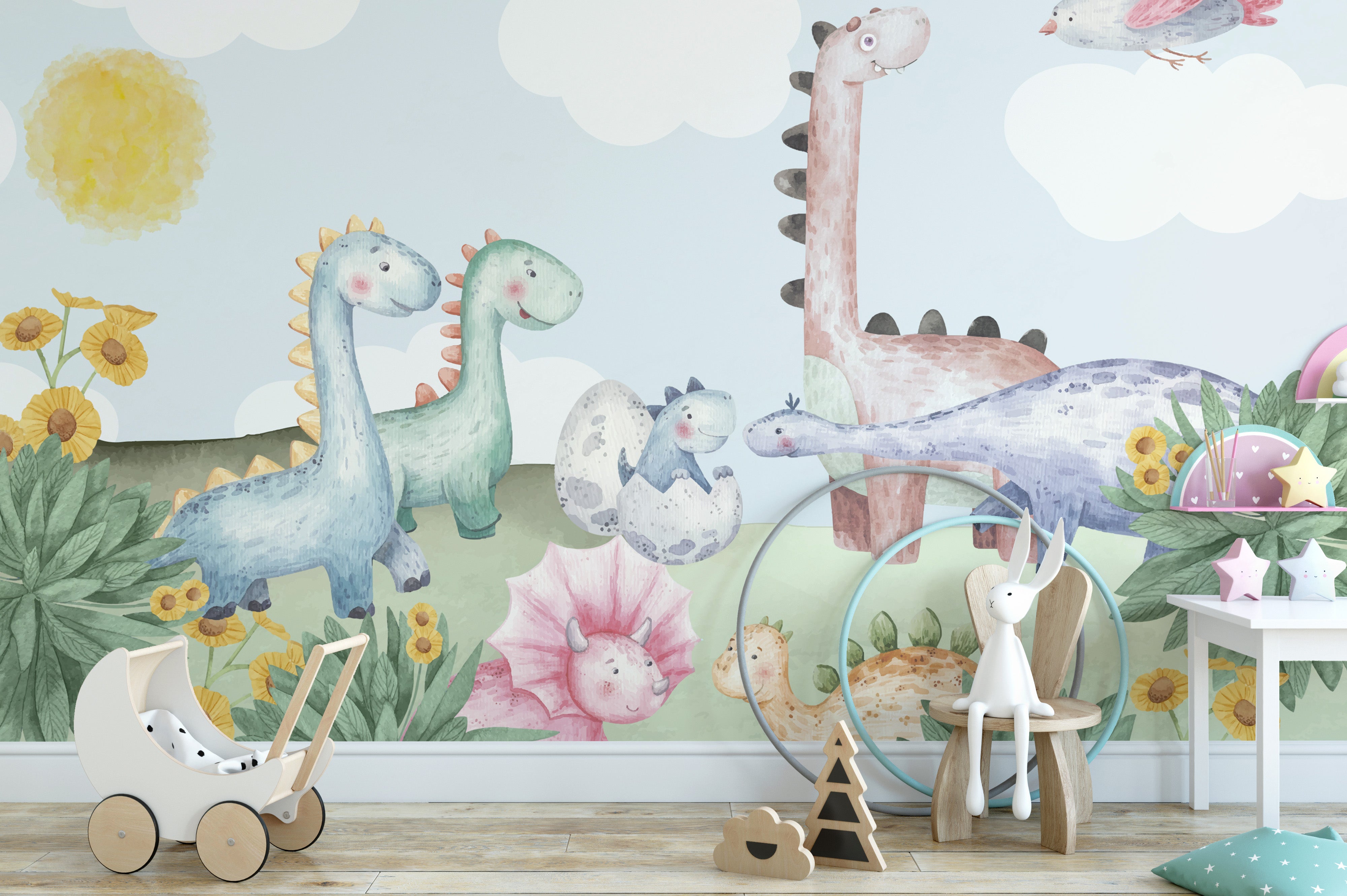 Whimsical Dino Delight wallpaper mural for kids' rooms