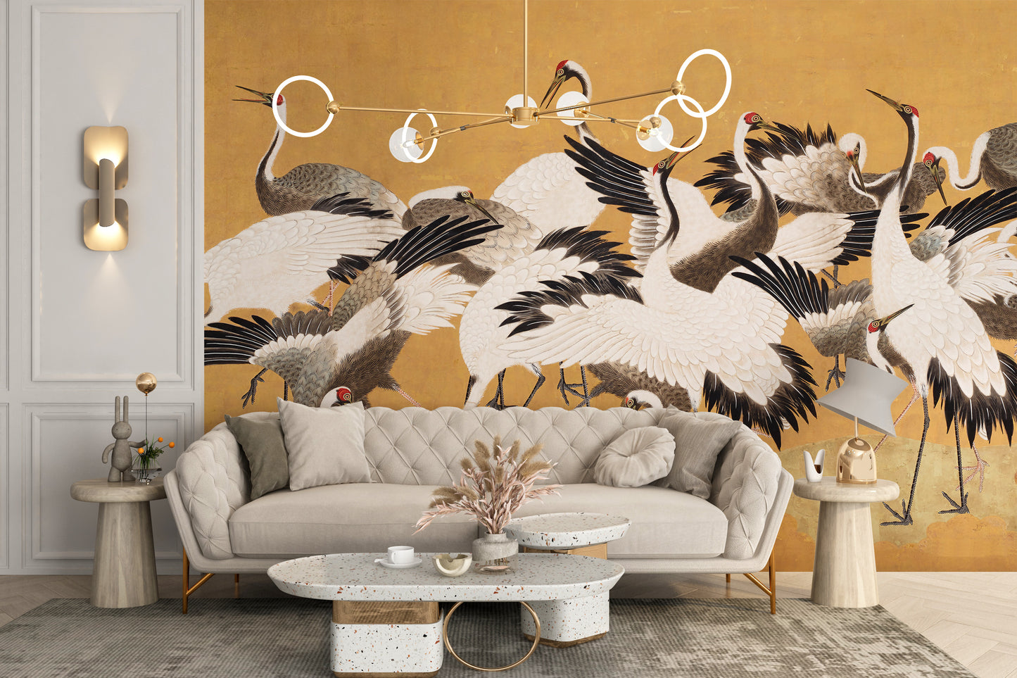 Wall decor with flock of Japanese cranes design
