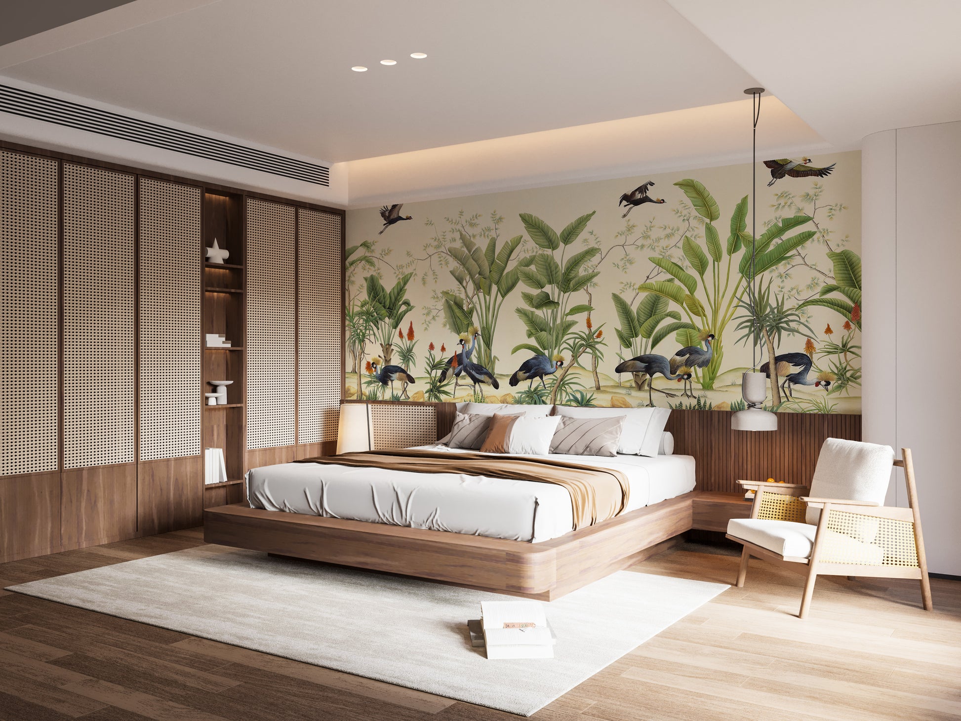 Elegant crane wall mural in tropical tones
