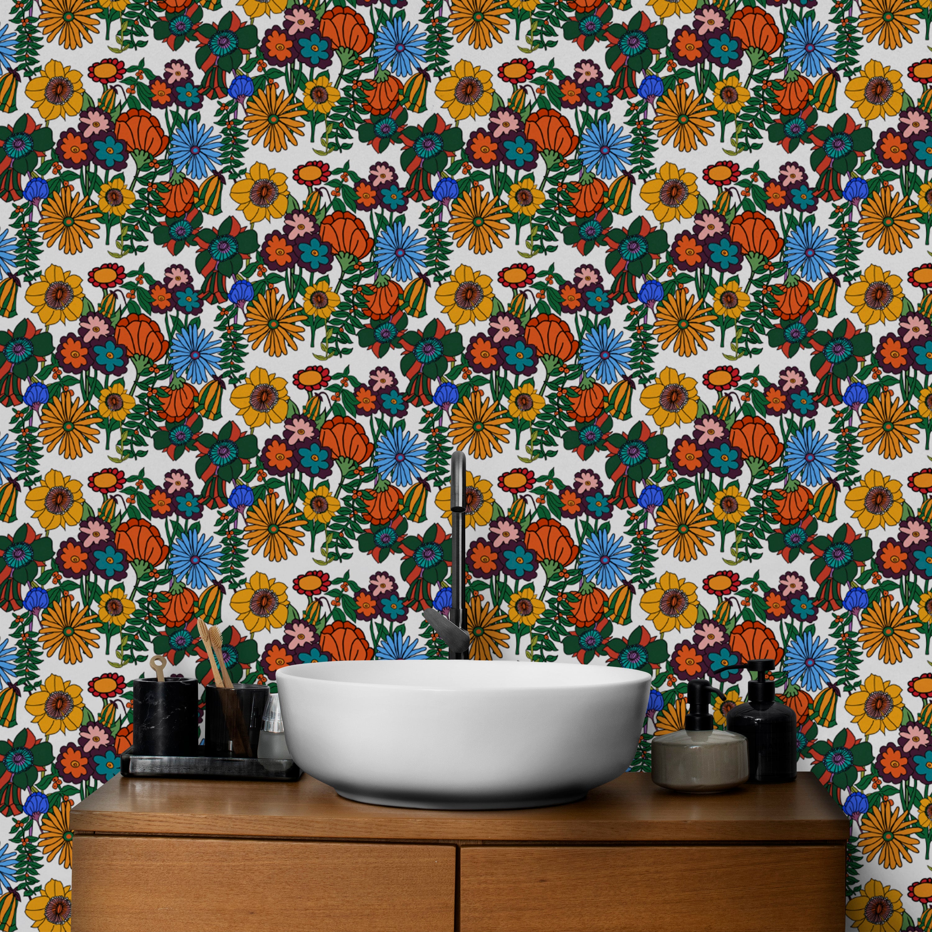 Unique Retro 60s Floral White Background Wallpaper mural