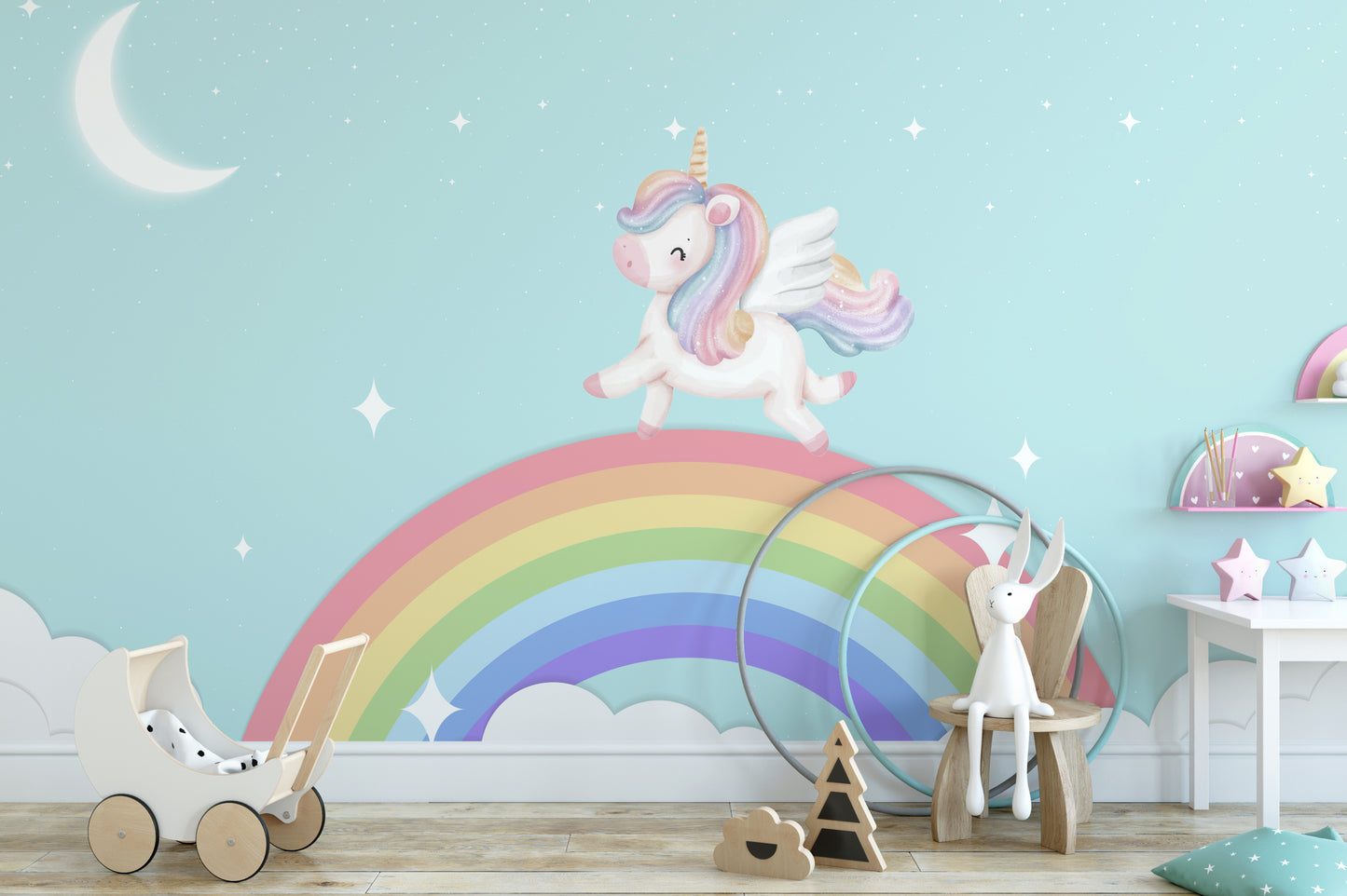 Vibrant starlit rainbow wallpaper mural with unicorn art.
