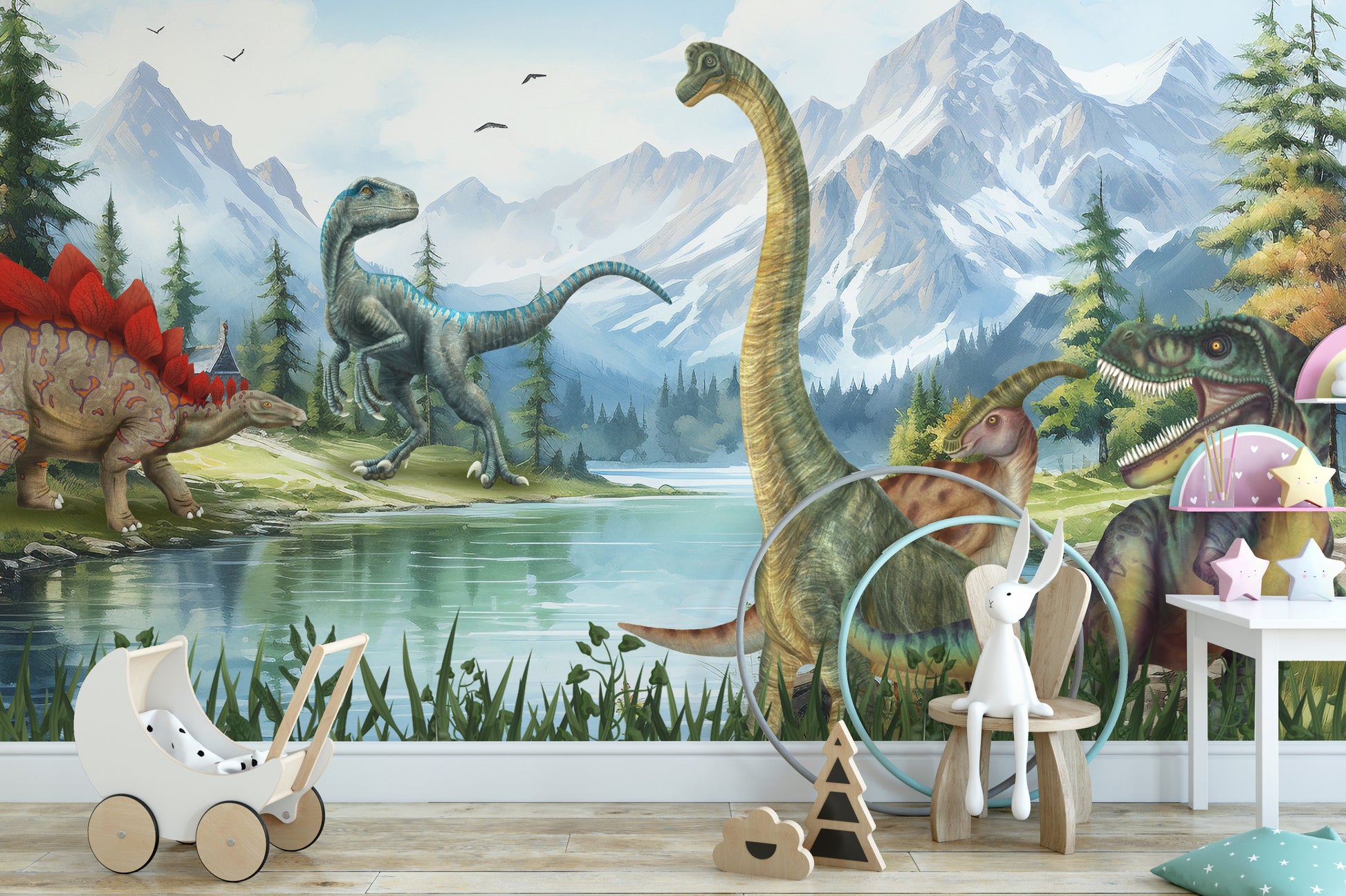 Dinosaur mural wallpaper featuring a vibrant Jurassic Valley.