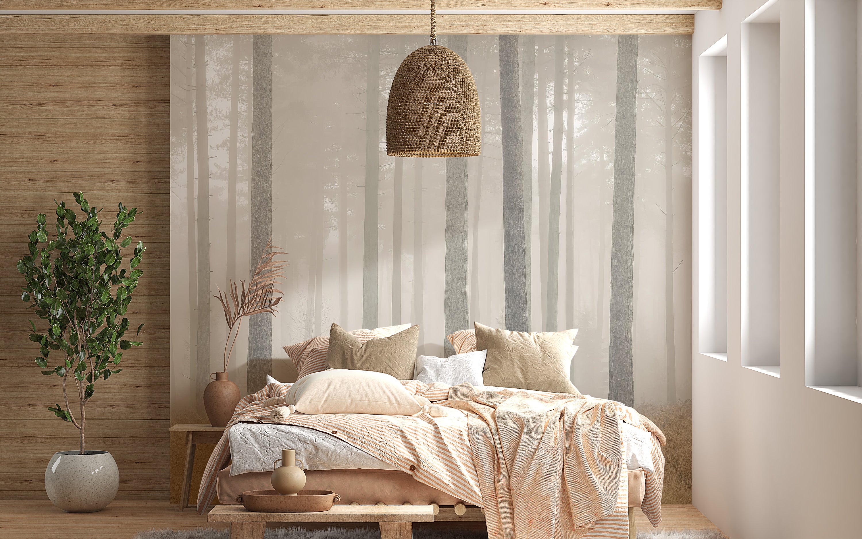 Serene pine forest wallpaper enhancing bedroom ambiance