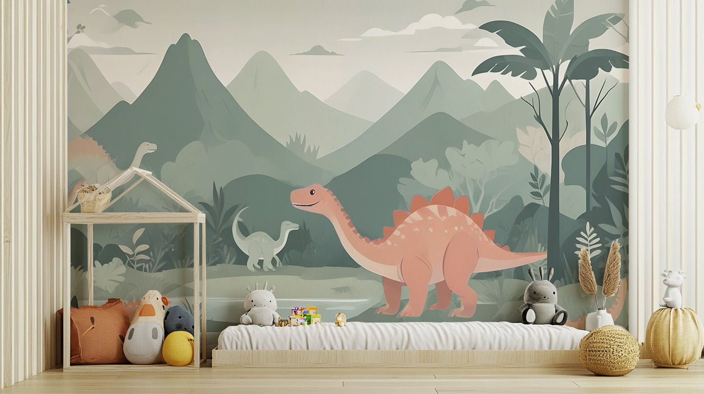 Dinosaur mural wallpaper for a playful nursery atmosphere