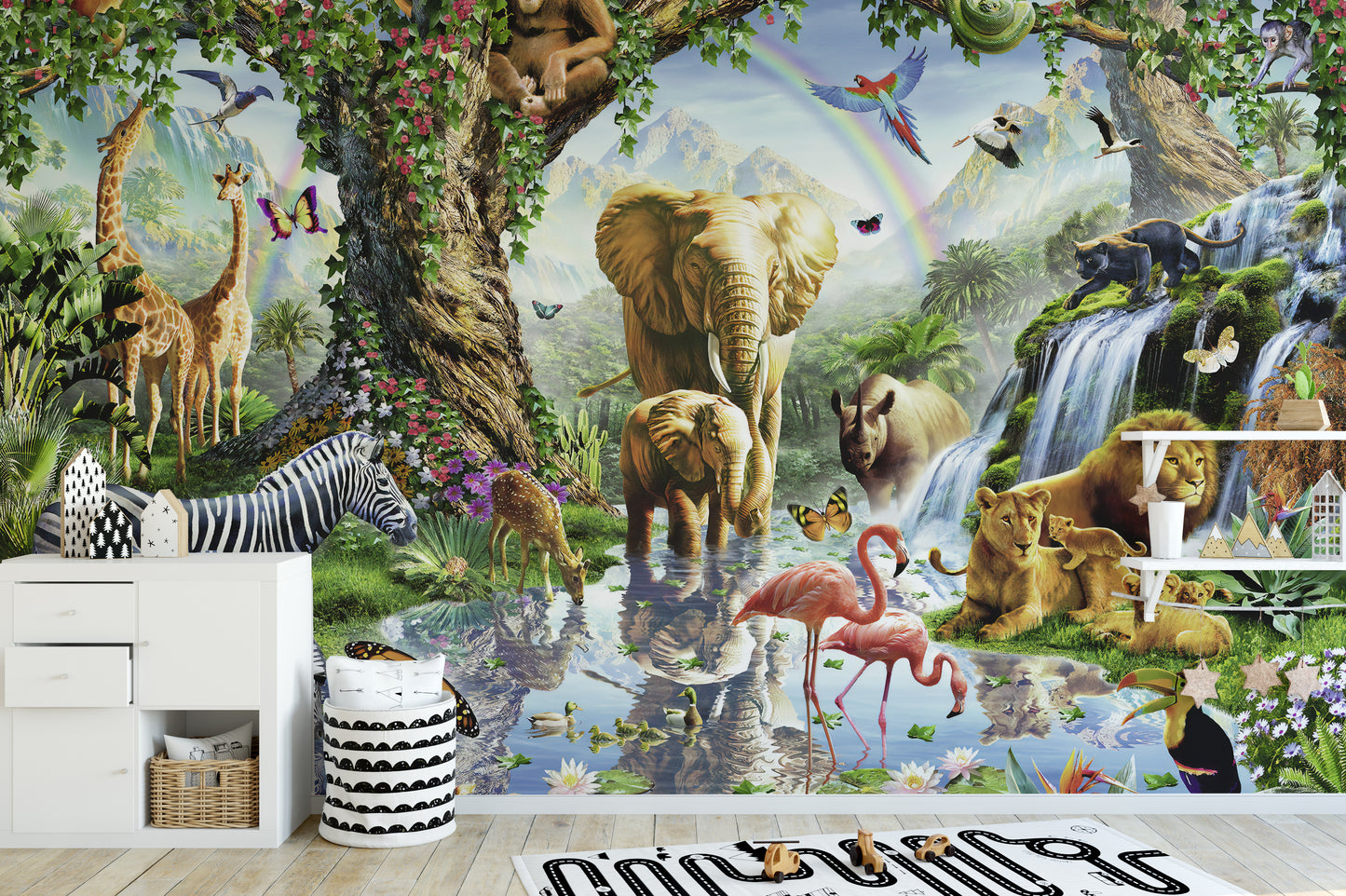 Vibrant Wild Animals in a jungle Wallpaper