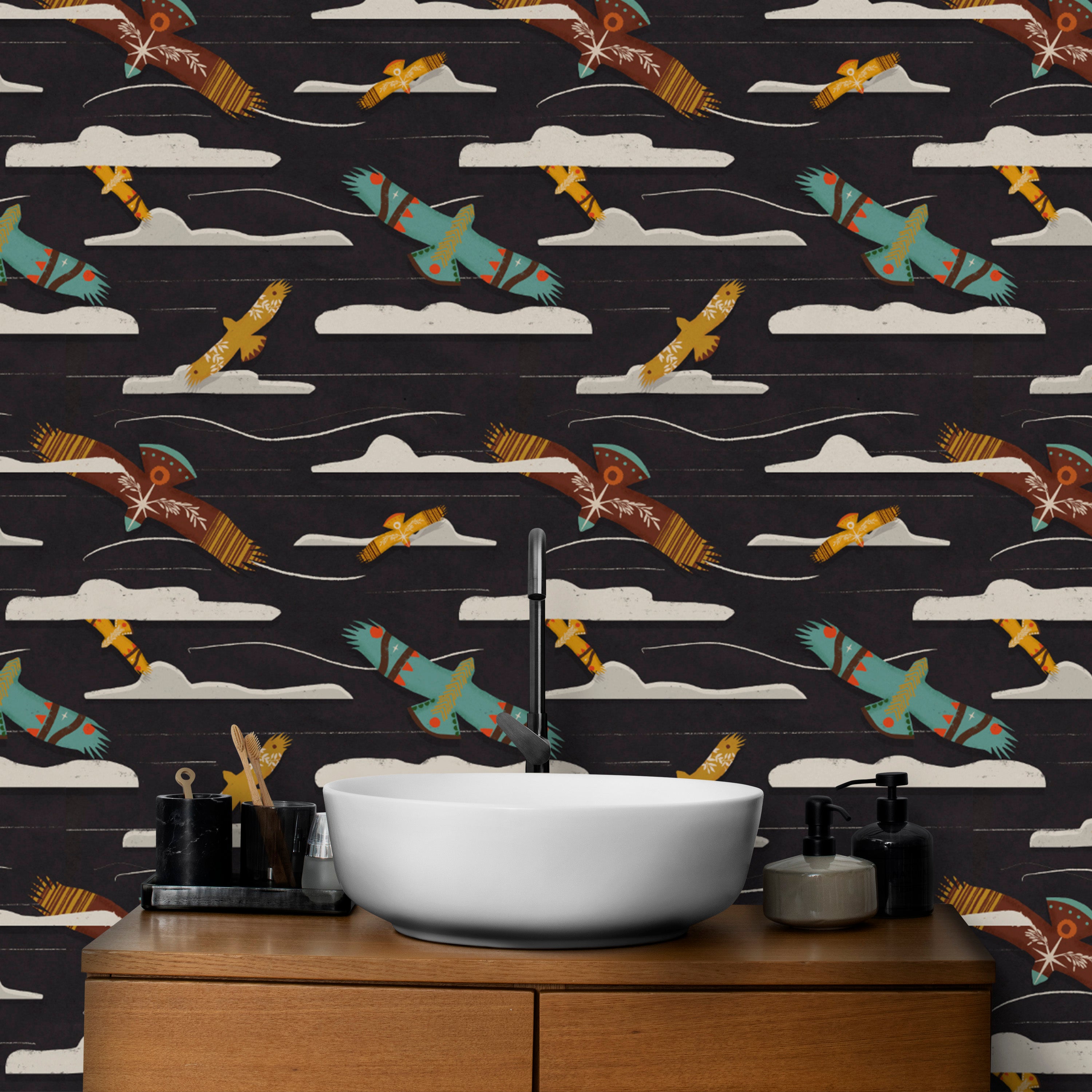 Charcoal birds wallpaper with vibrant eagles
