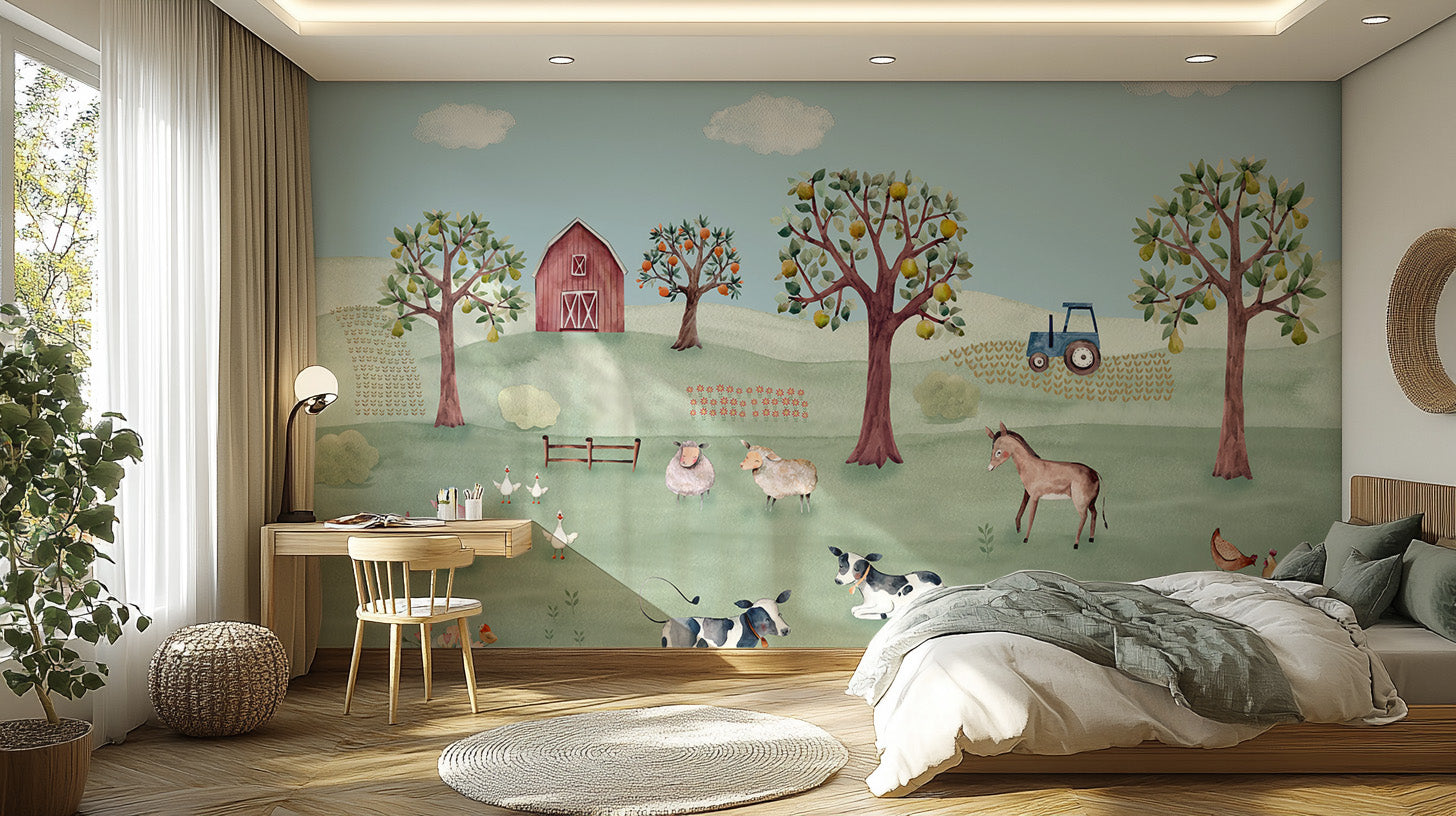 Whimsical country charm mural for kids' bedroom walls