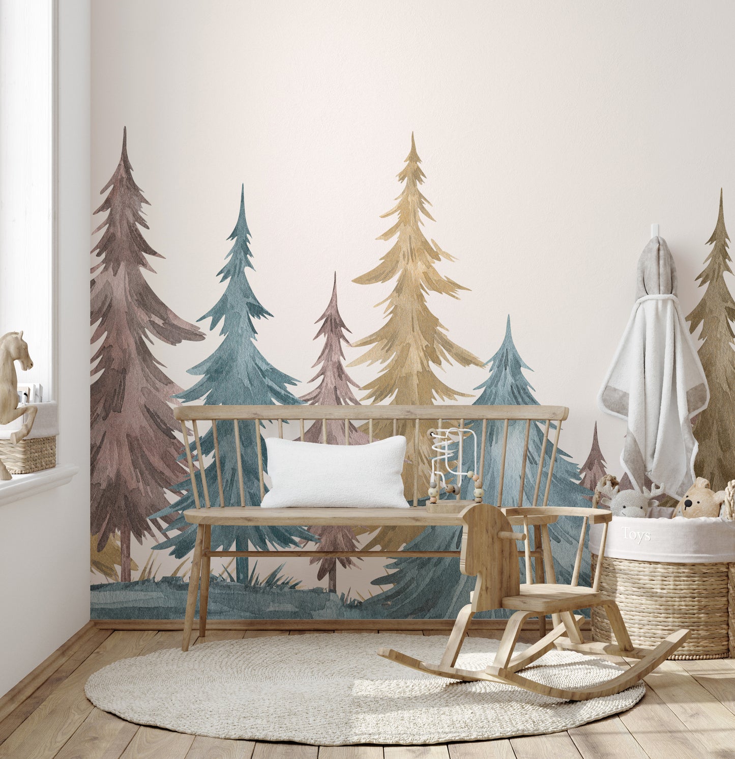 Nature-inspired alpine mural with evergreen tones for calm walls.
