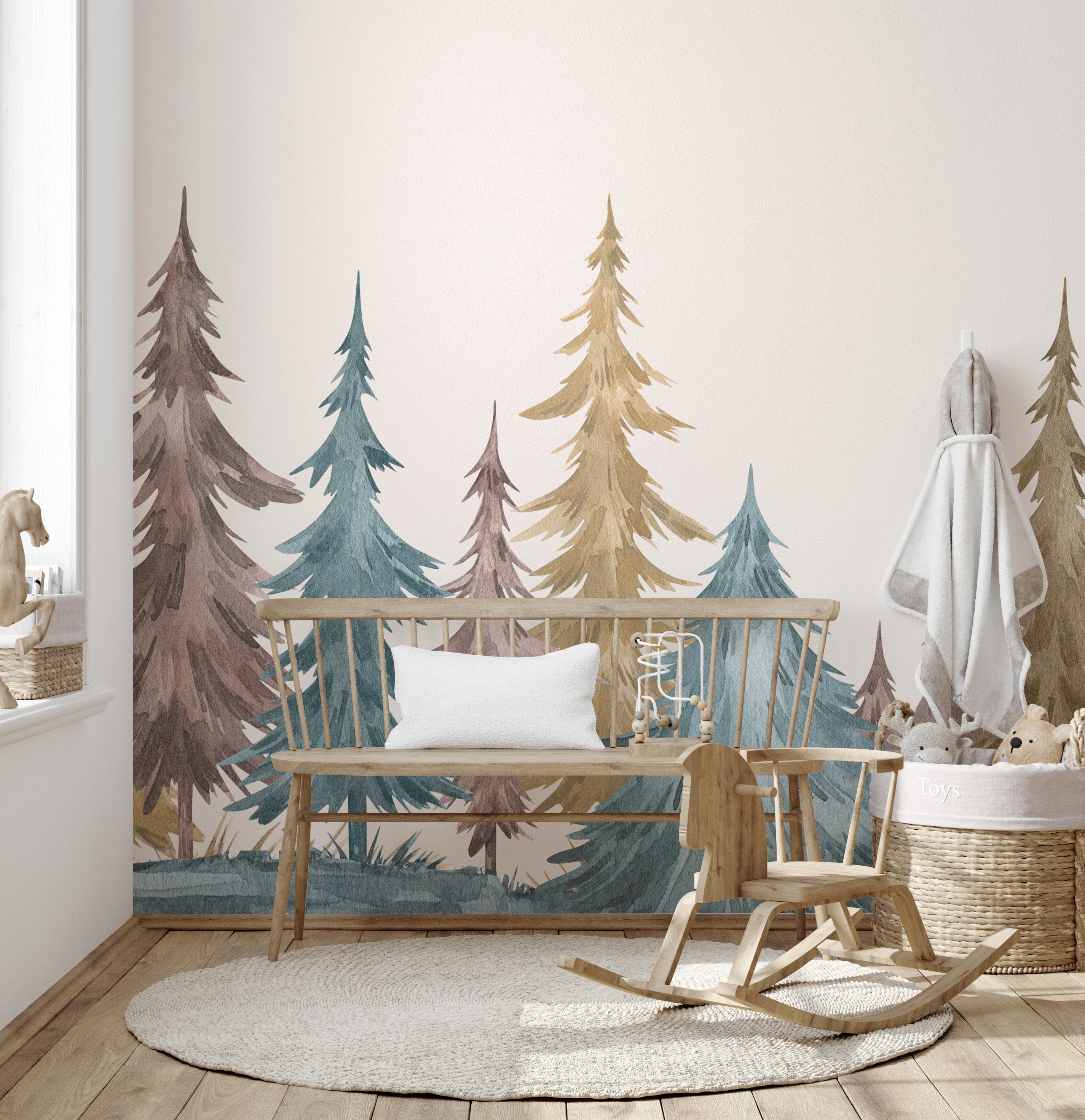 Nature-inspired alpine mural with evergreen tones for calm walls.
