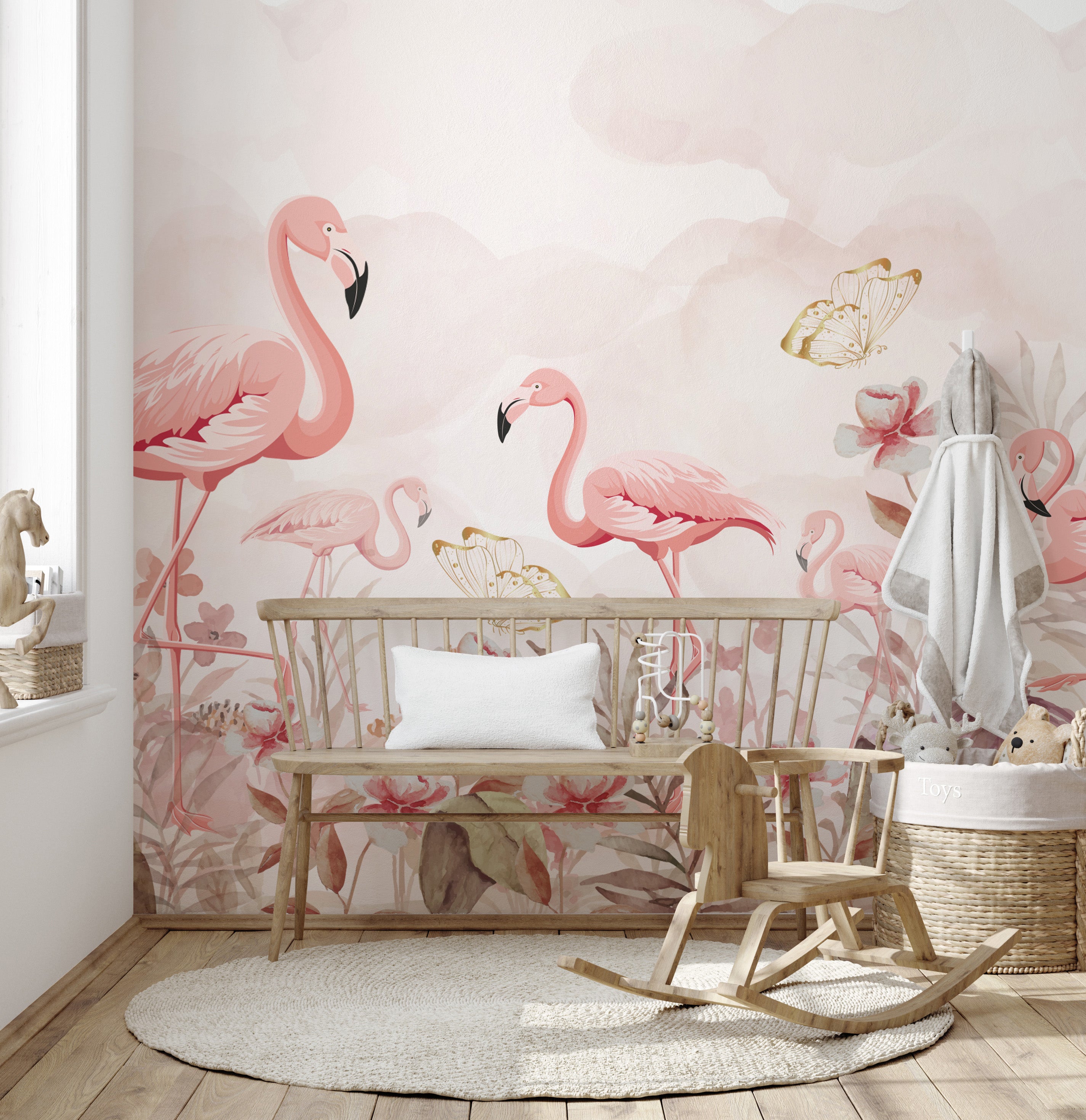 Tropical flamingo wallpaper mural for lively and chic interiors.

