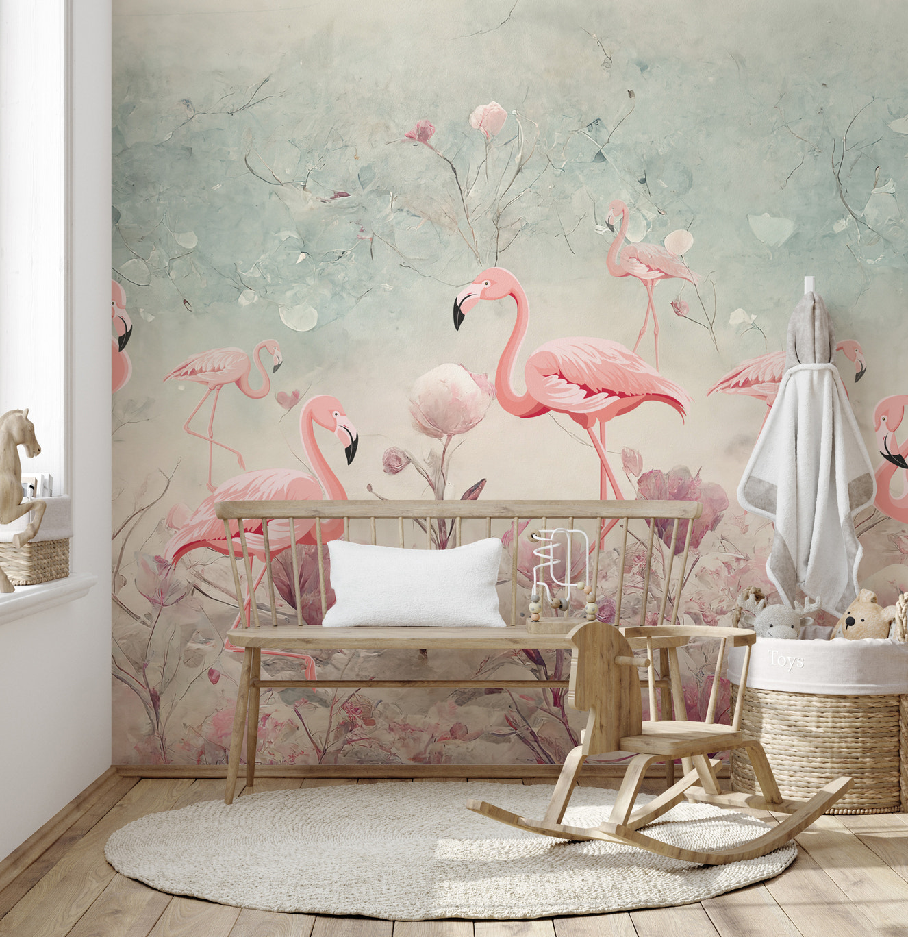 Graceful flamingo mural in a mystic grove setting for serene walls.
