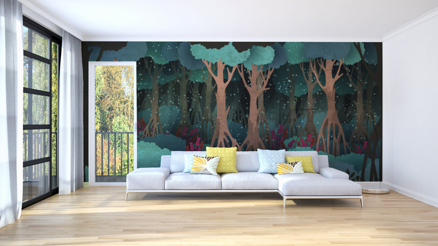 Green Watercolor Fairytale Forest Wallpaper Murals