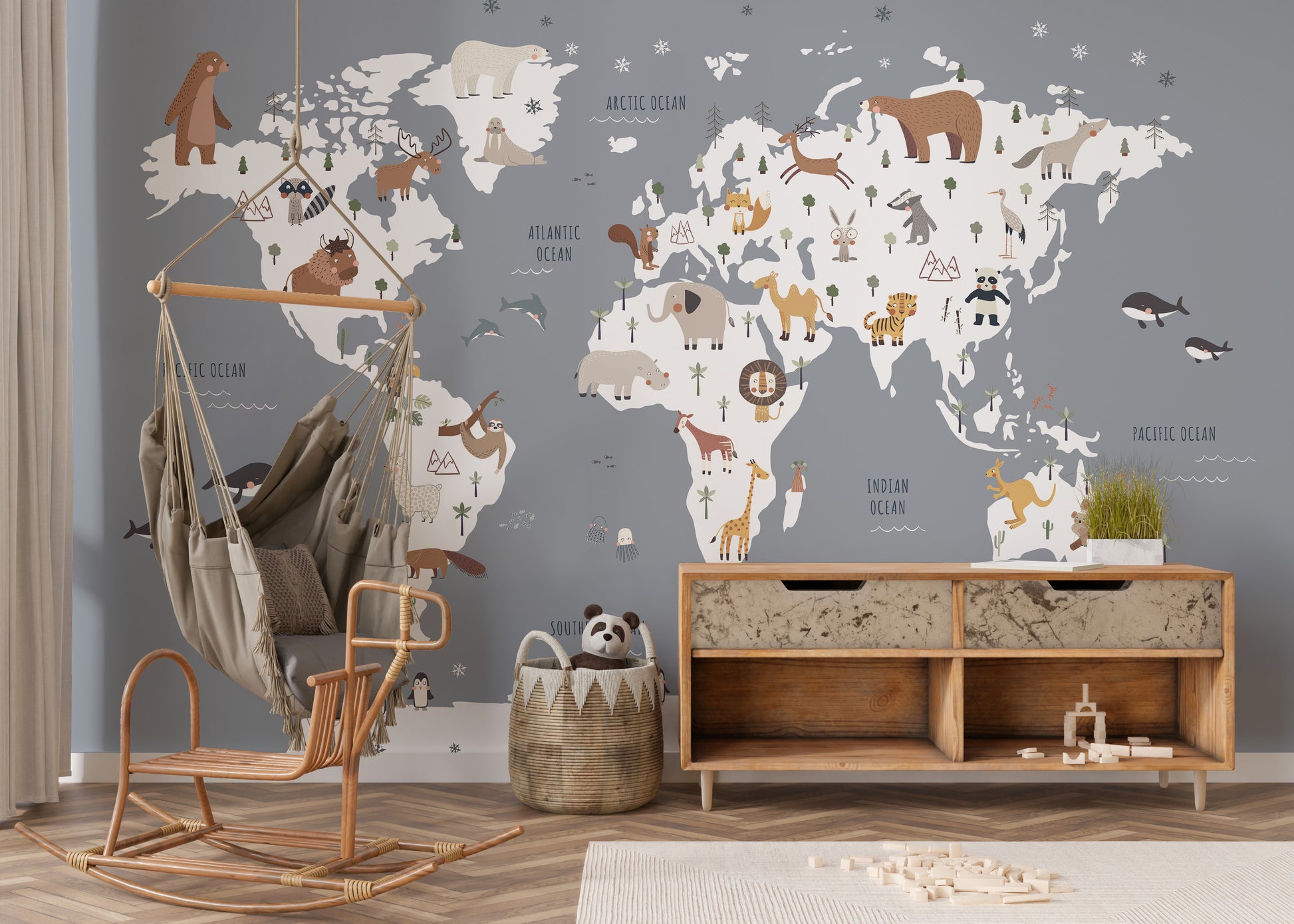 Illustrated animal world map for kids' spaces
