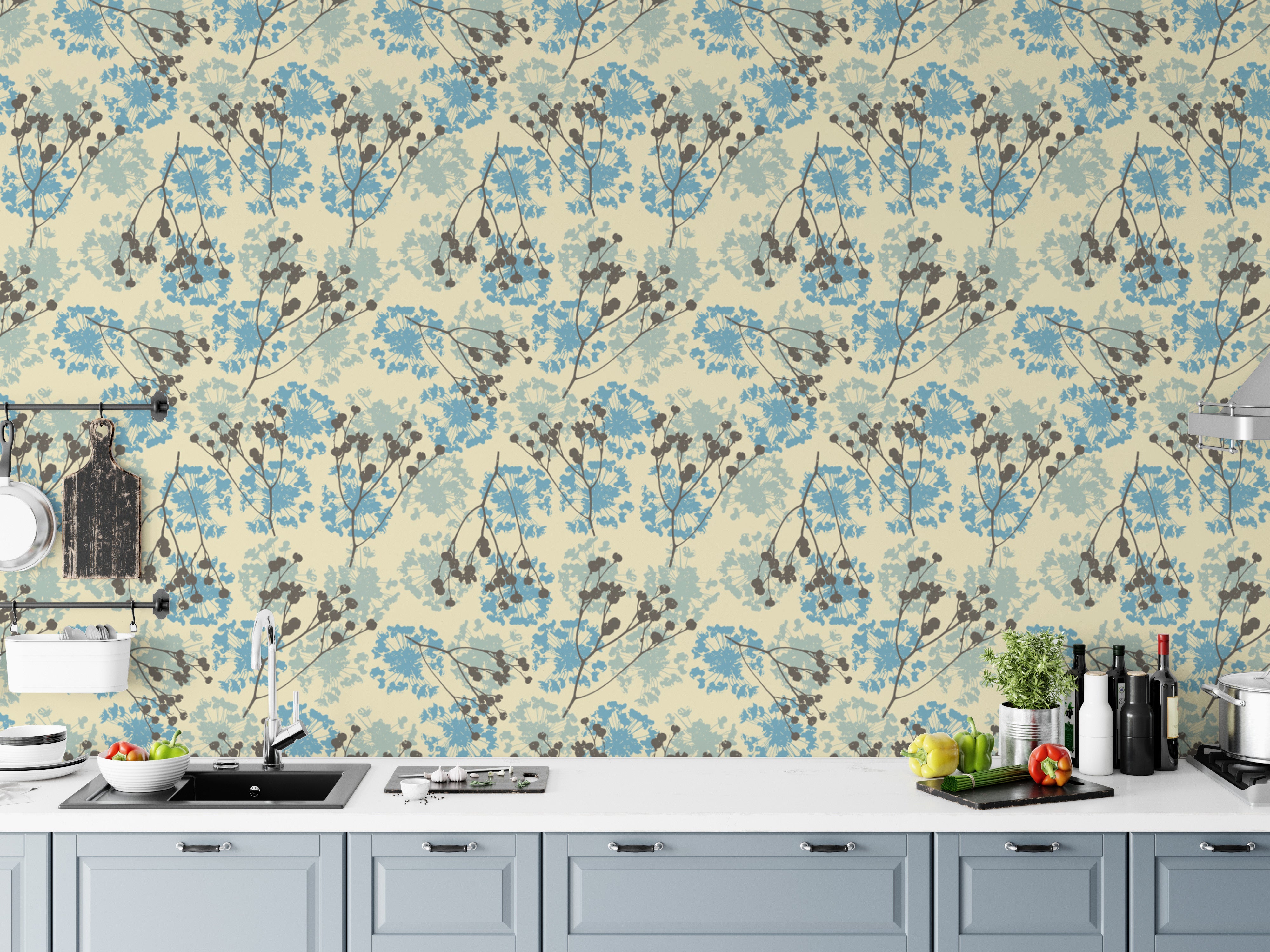 Soft and serene floral wallpaper mural for refined interiors.
