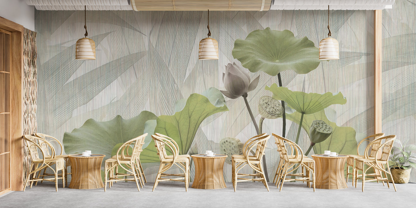 Peaceful lotus design wallpaper mural in shades of green