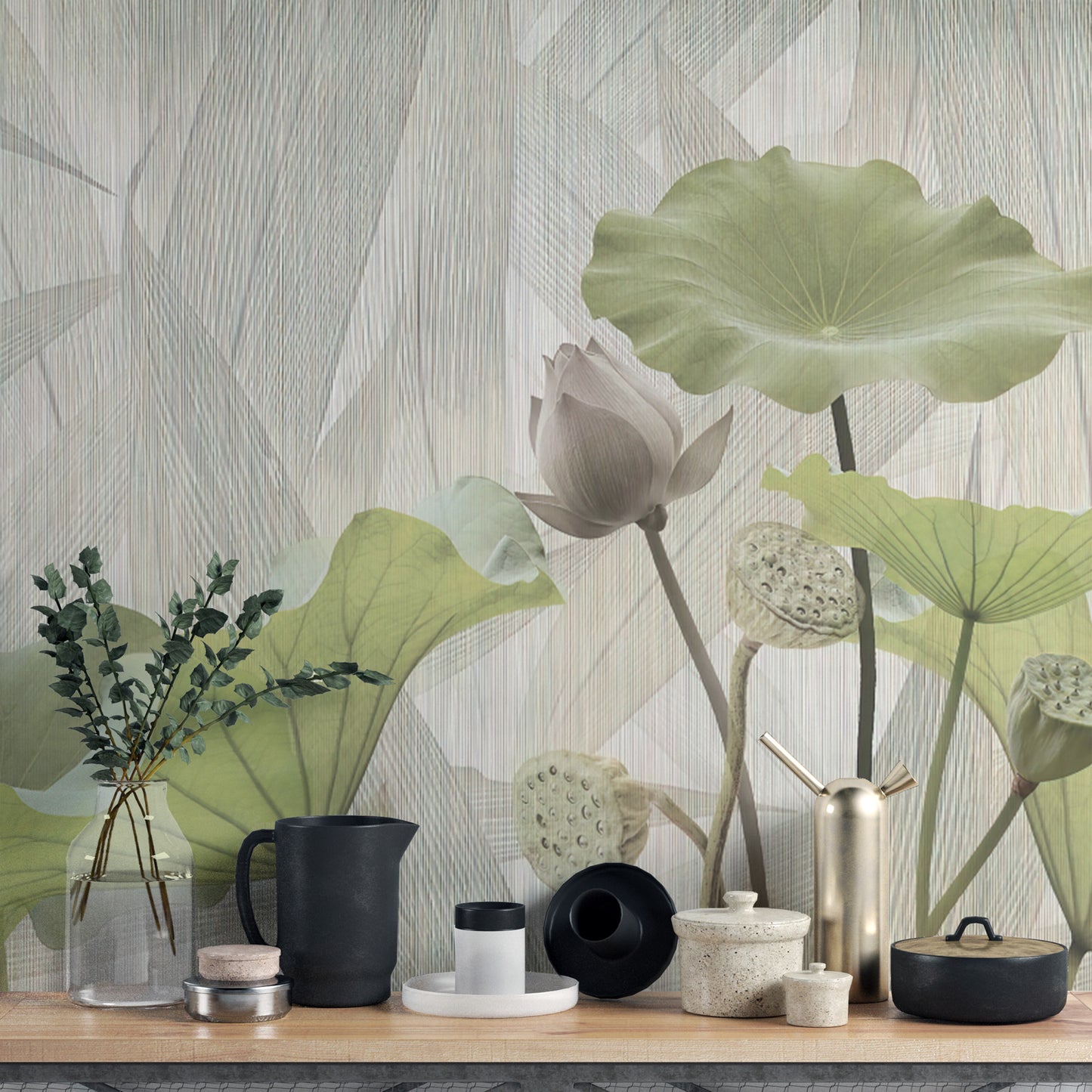 Serene Green Haven Lotus mural wallpaper for natural decor.