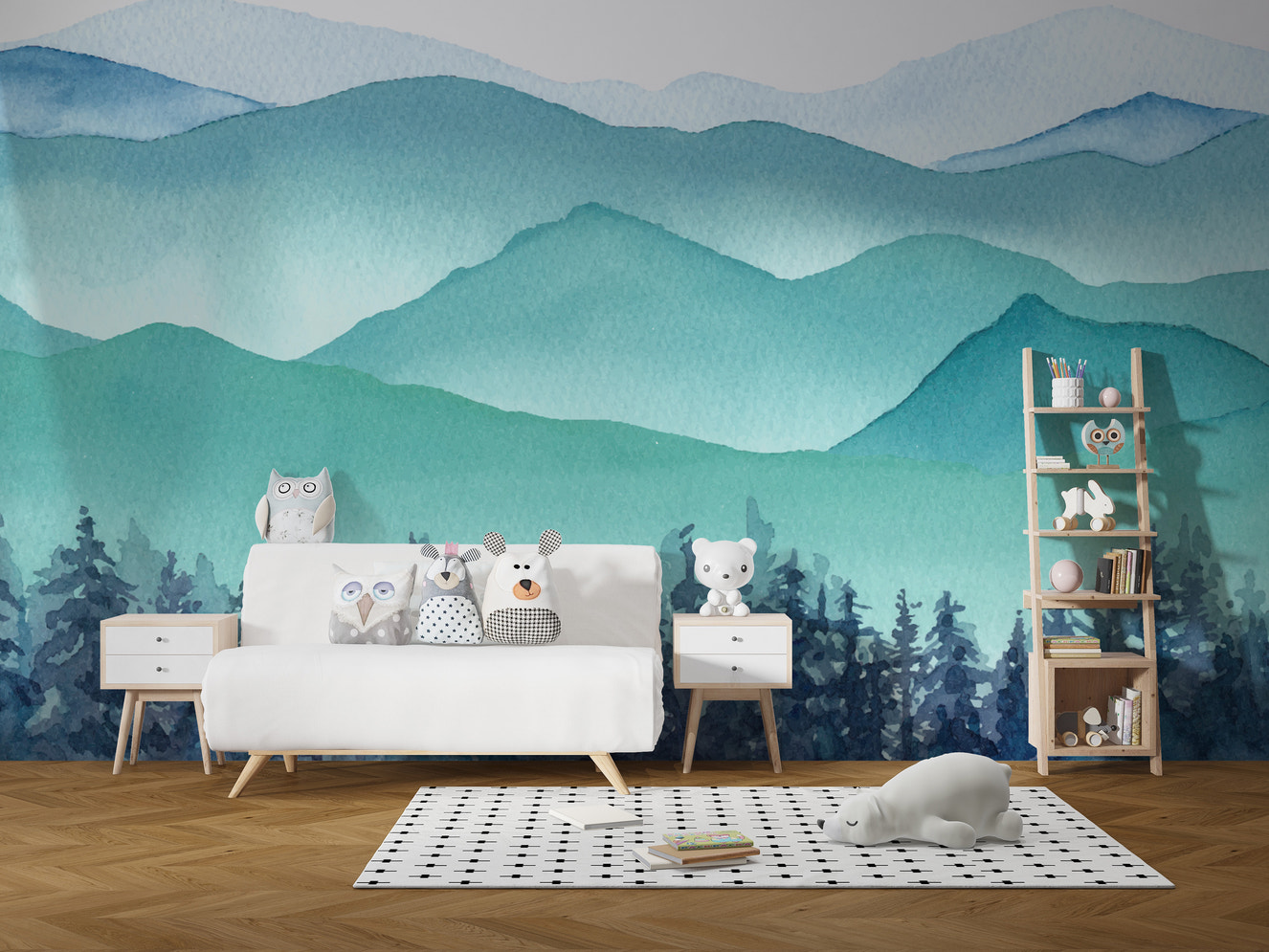 Watercolor snowy hills wallpaper mural.