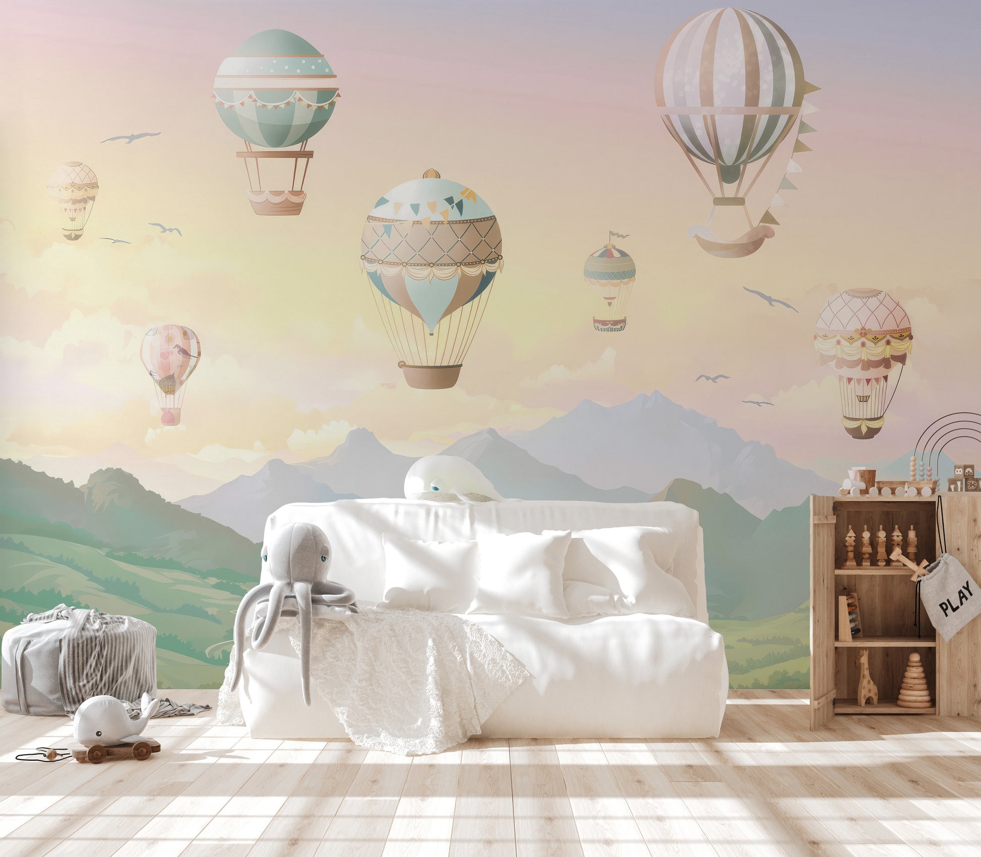 Playful nursery wallpaper: hot air balloons scene