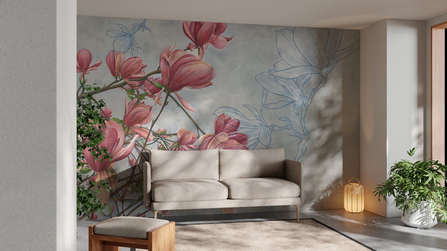 Soft magnolia blooms on a stunning wallpaper for any space.
