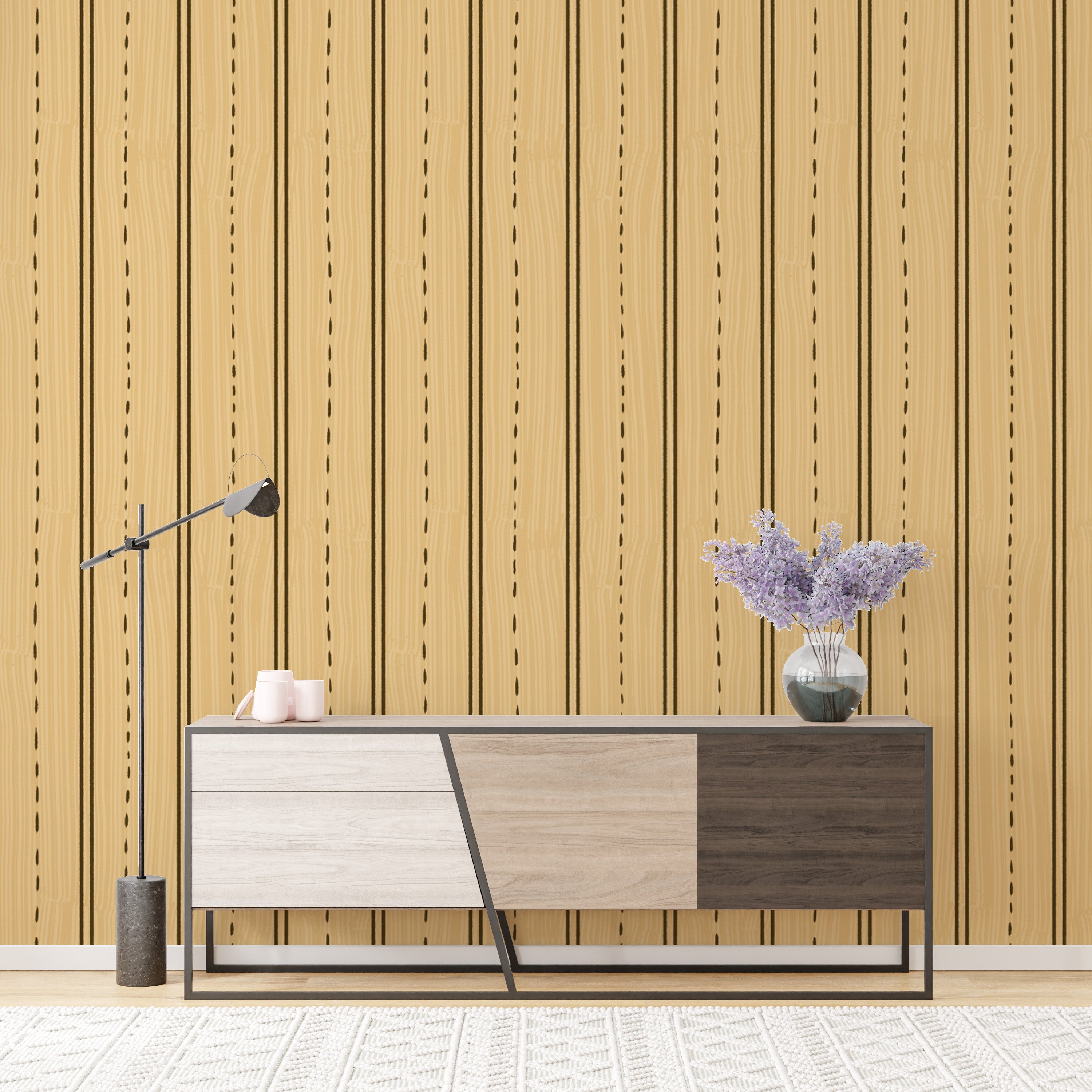 Modern vertical wooden striped wallpaper for sleek interiors.