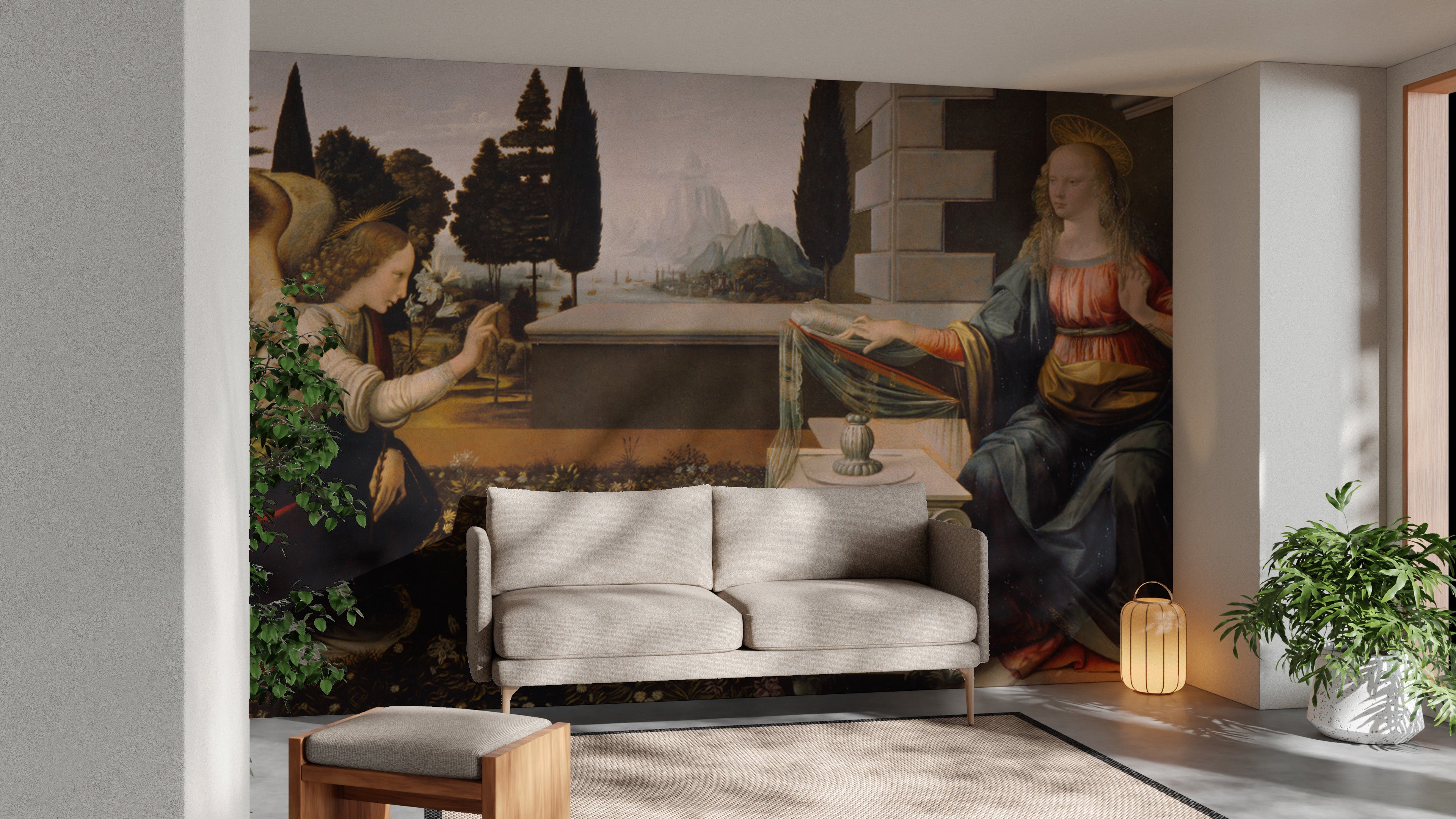 Renaissance-inspired mural featuring Leonardo’s divine touch.
