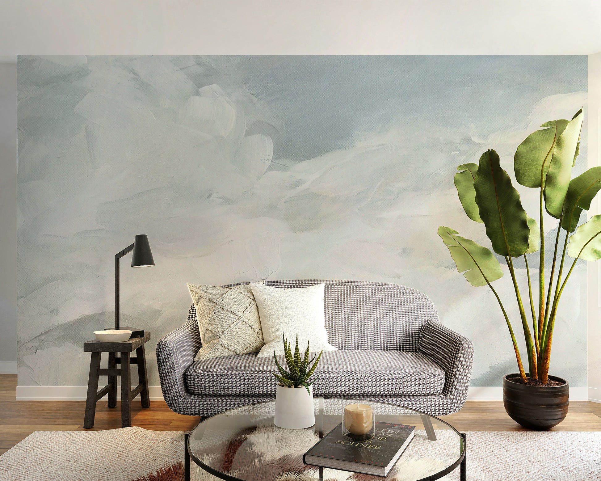 Living room feels airy with watercolor clouds wallpaper