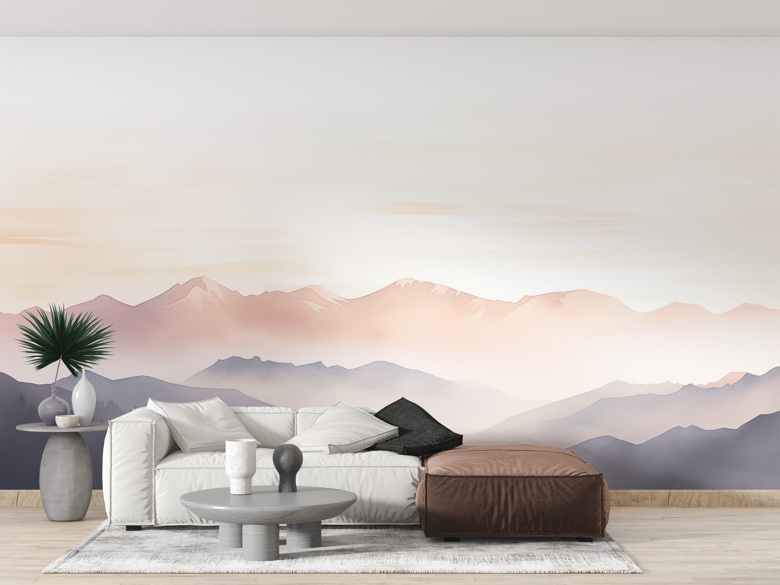 Living room glows with misty mountain wallpaper patterns