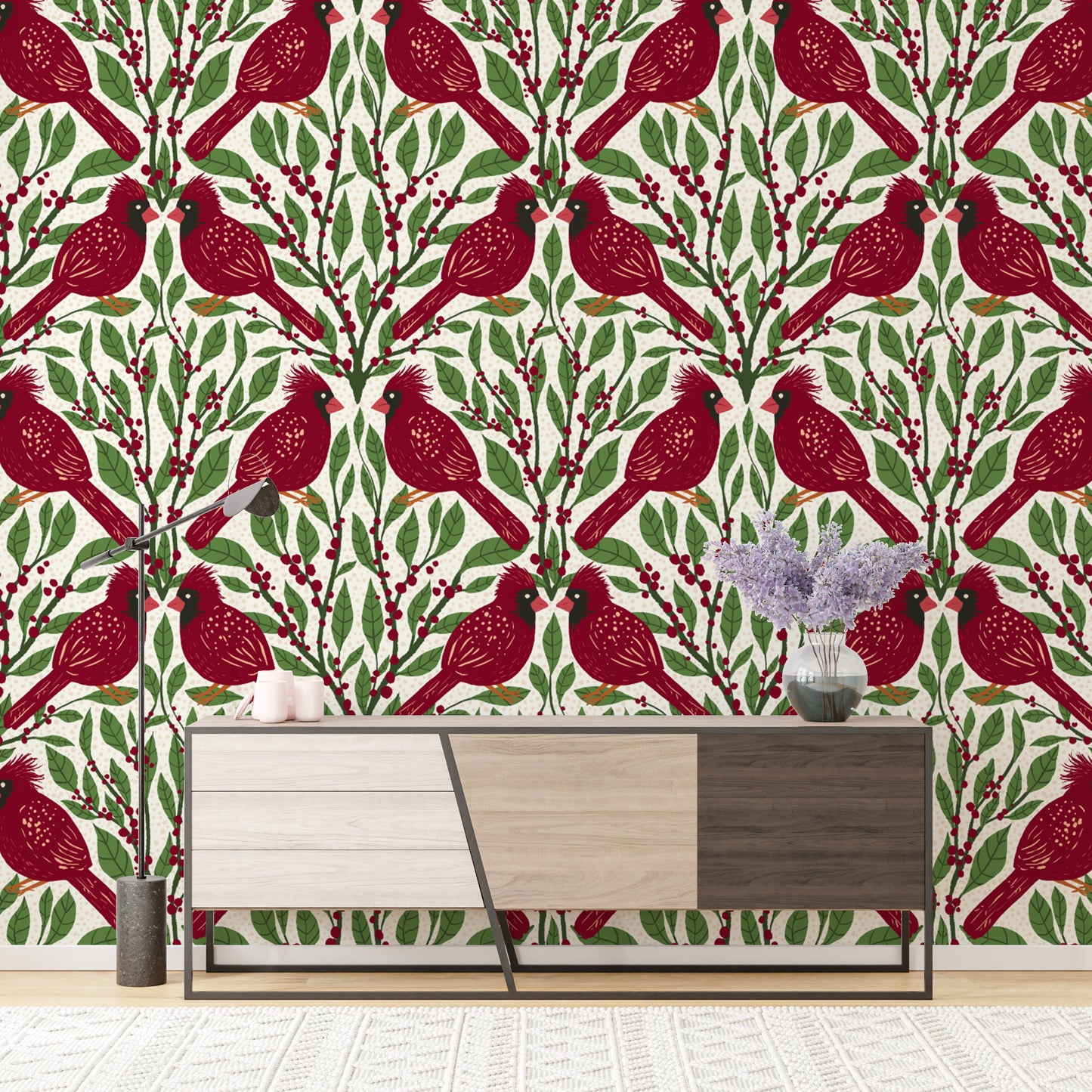 Sophisticated burgundy red cardinals mural for timeless interiors.
