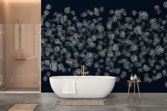 Dancing jellyfish wallpaper mural in dark blue
