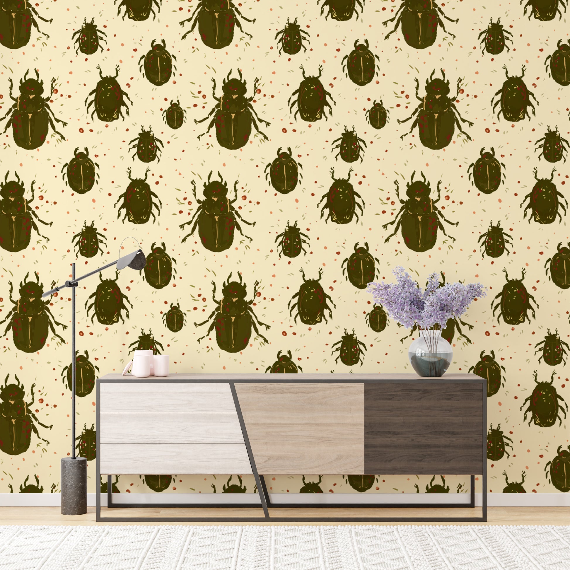 Stylish beetle-themed mural wallpaper for eclectic interiors.
