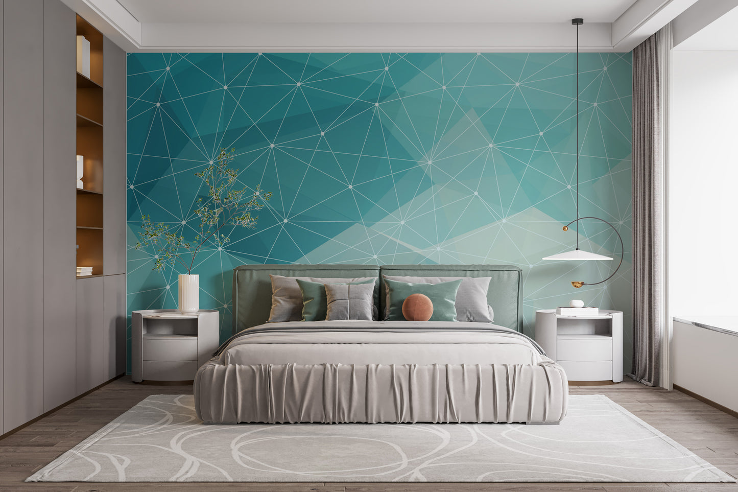 Modern blue and white geometric wallpaper.