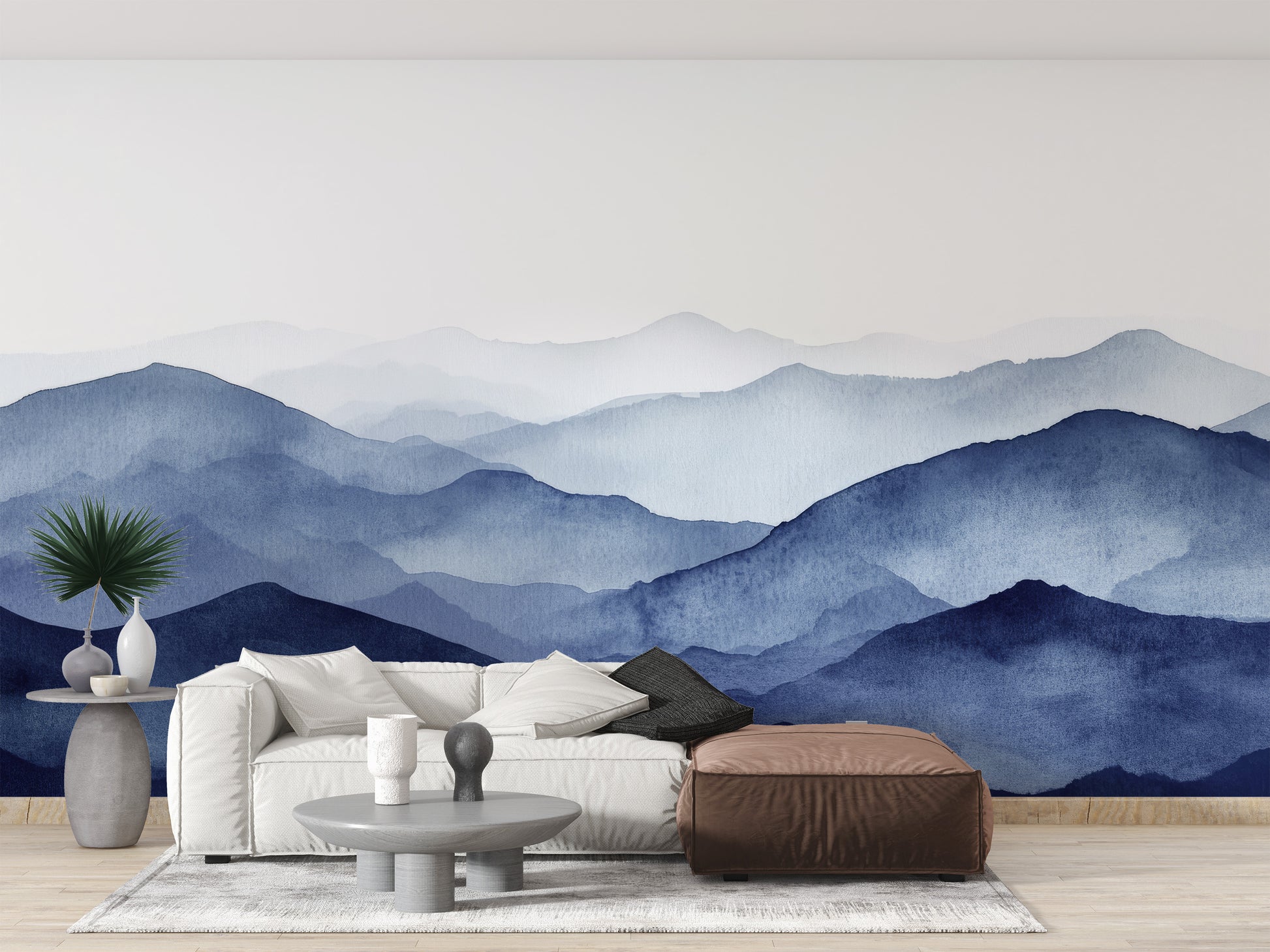 Serene blue mountains wallpaper elevates living room decor