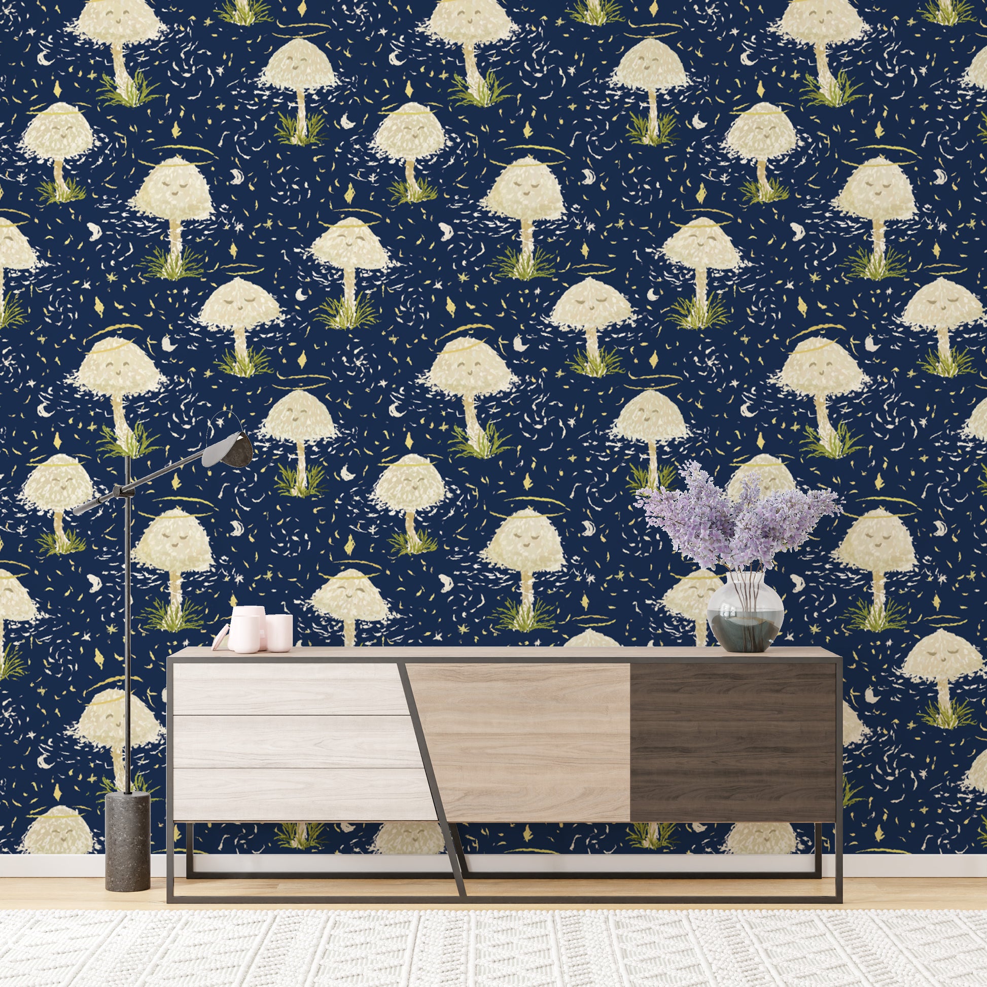 Nature-inspired dancing mushrooms mural for earthy, cozy walls.
