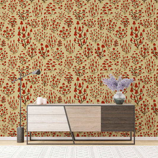 Playful ditsy mushrooms red wallpaper for whimsical interiors.
