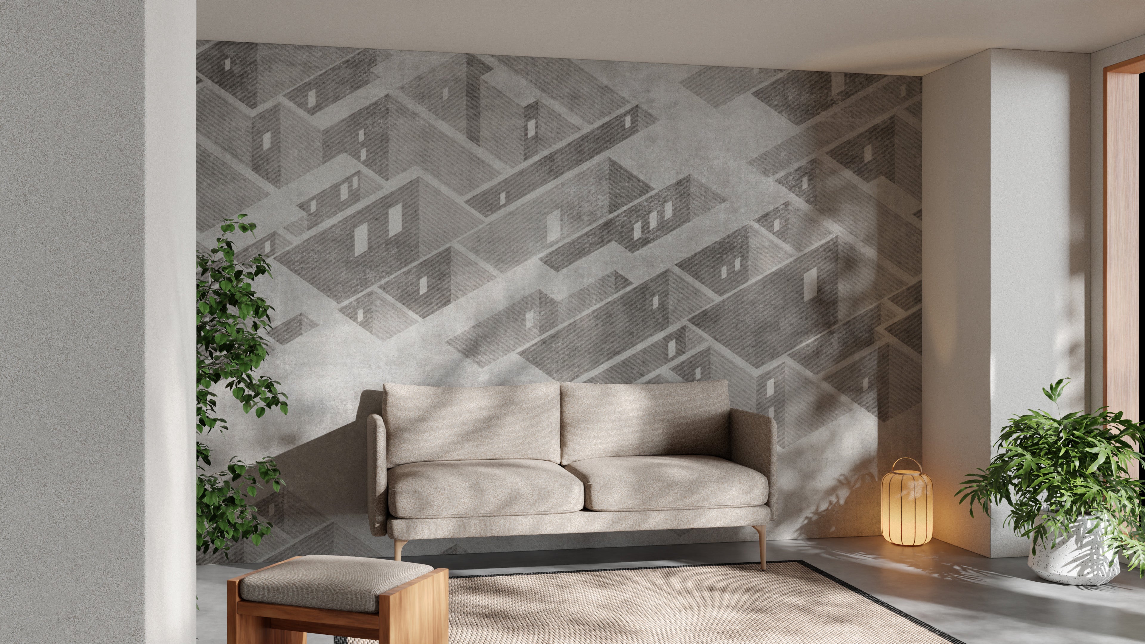 Modern abstract building mural with sleek vector art design.
