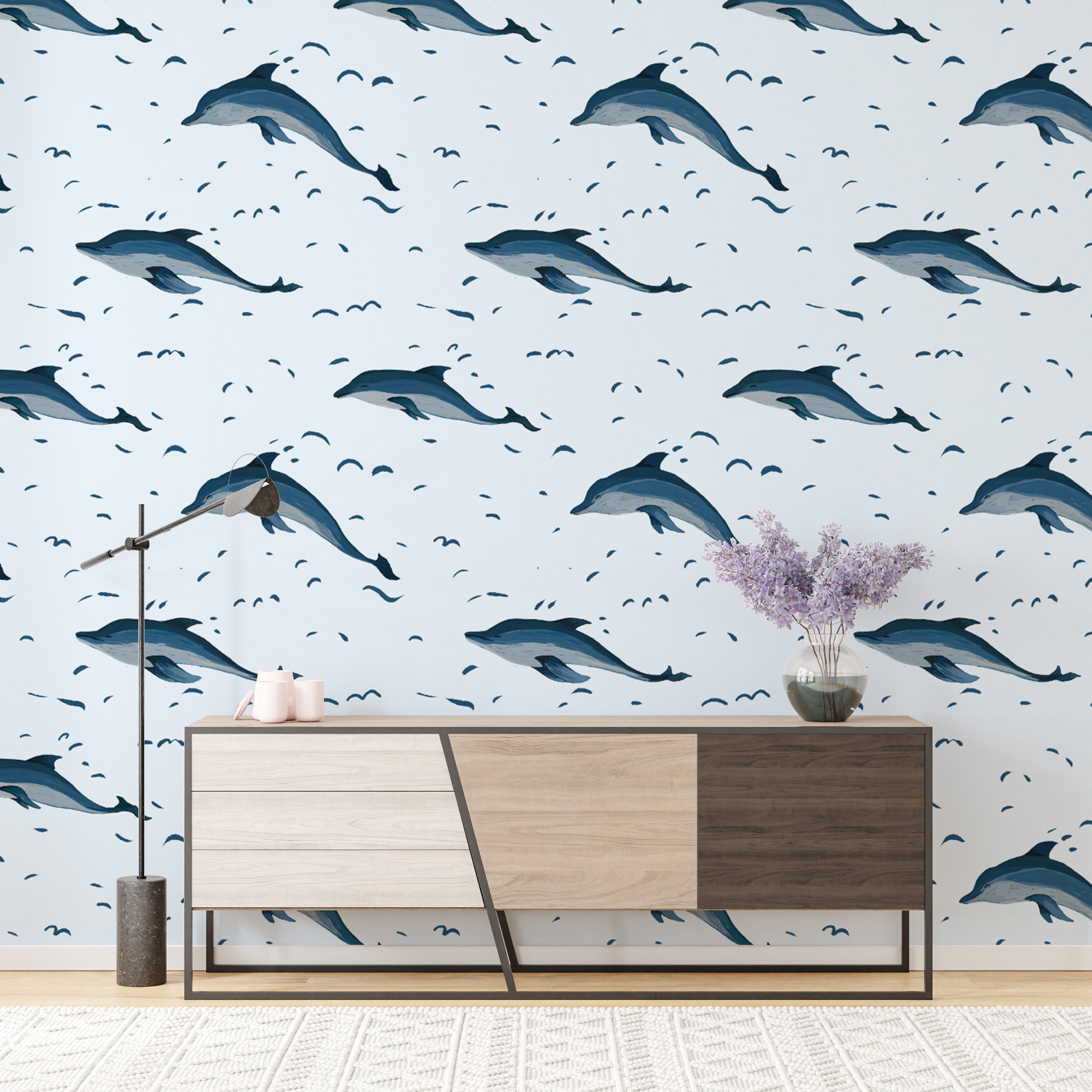 Vibrant dolphins in the sea mural for lively and fun interiors.
