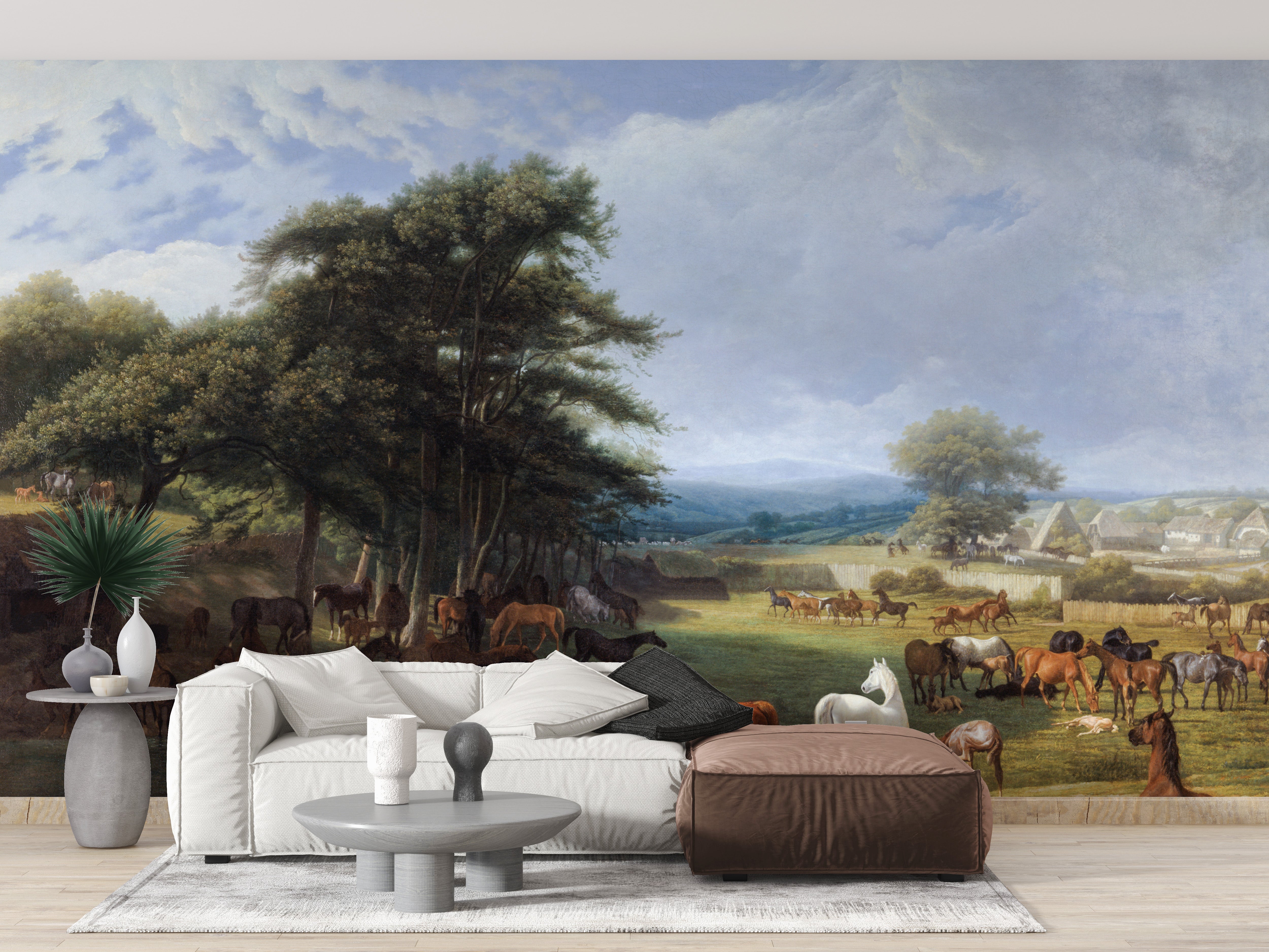 Horses grazing in a pastoral meadow mural design
