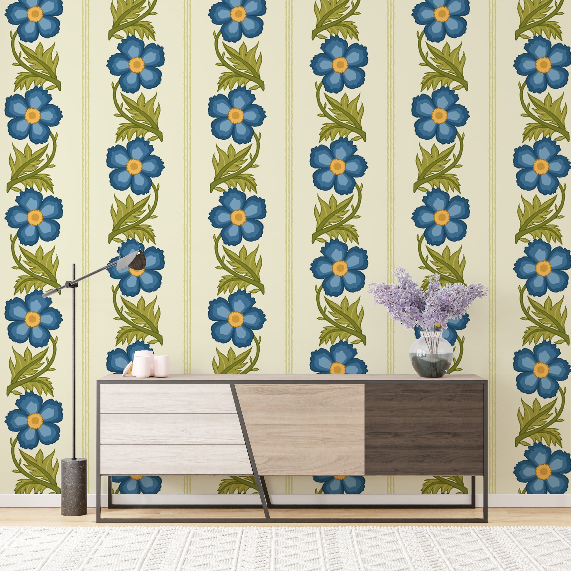 Artistic blue floral stripe wallpaper for unique, vibrant spaces.
