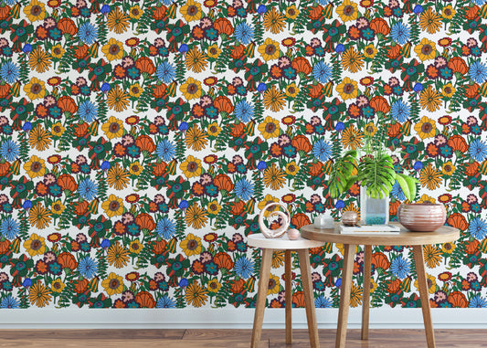 Retro 60s Floral White Background Wallpaper for walls.
