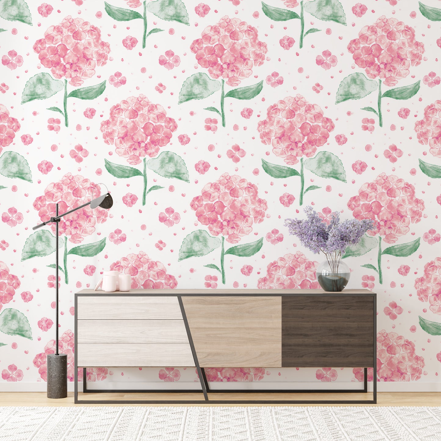 Sophisticated pink hydrangea mural for modern and chic decor.
