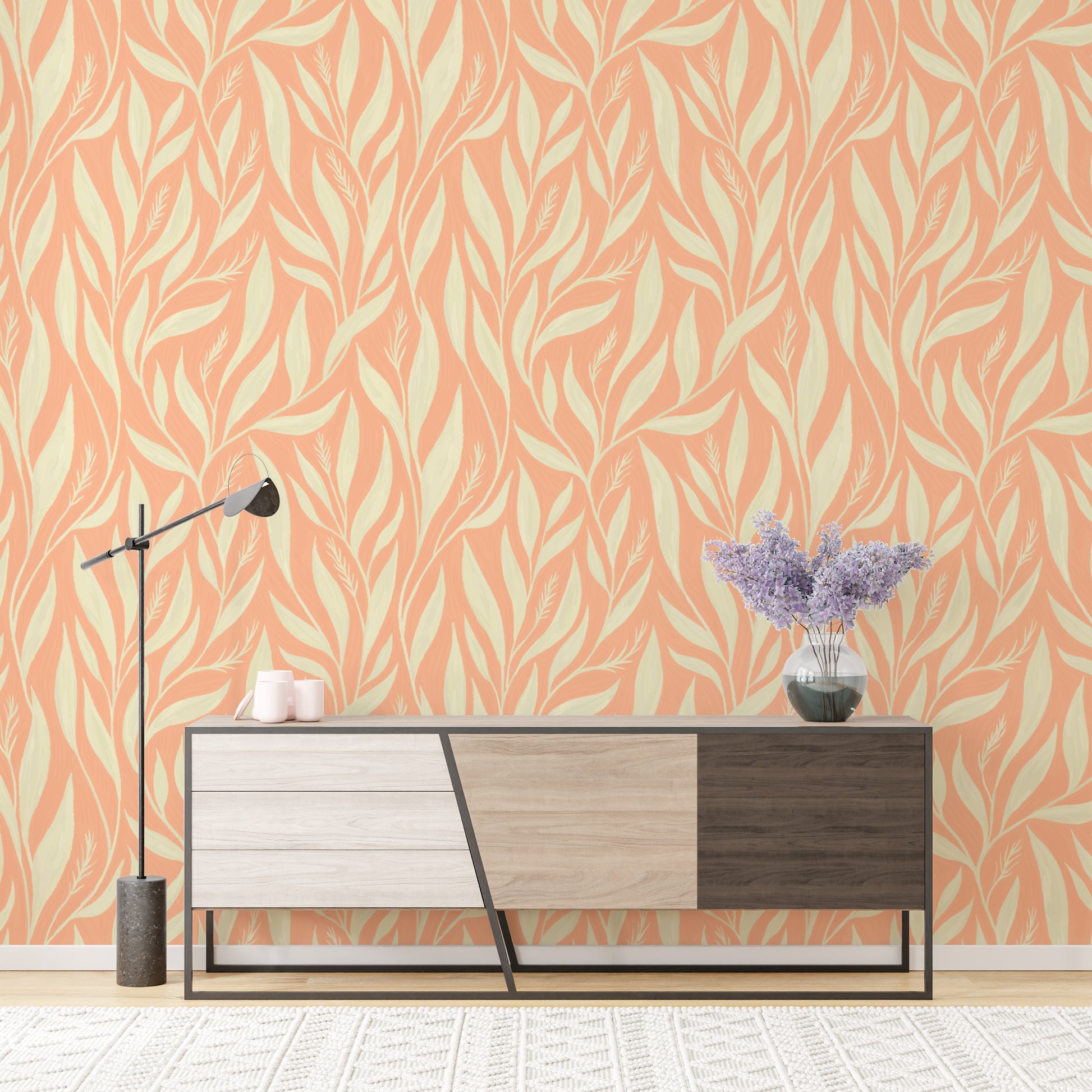 Minimalistic white foliage on peach wallpaper
