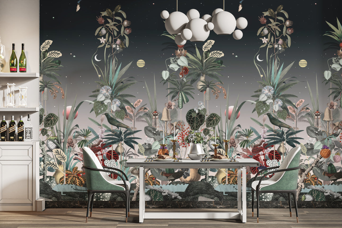 Midnight floral mural creating a serene atmosphere in the dining room