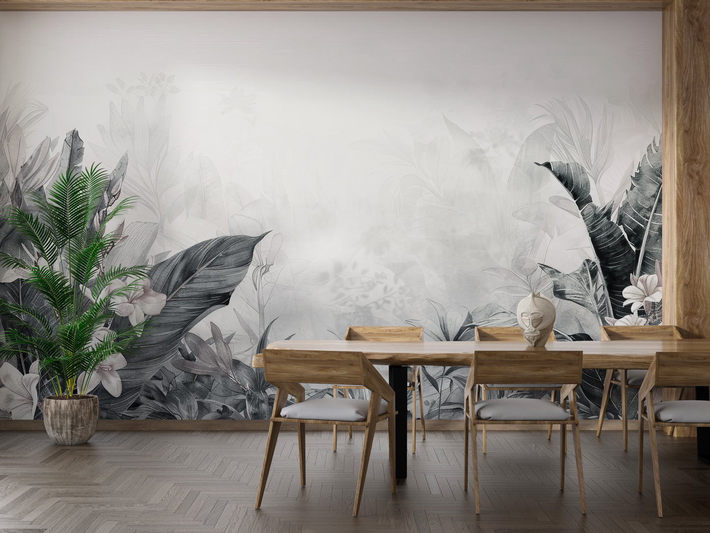 Scenic tropical leaves wall mural design
