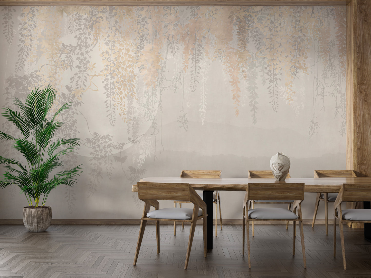 Grey-toned mural with golden hanging leaves
