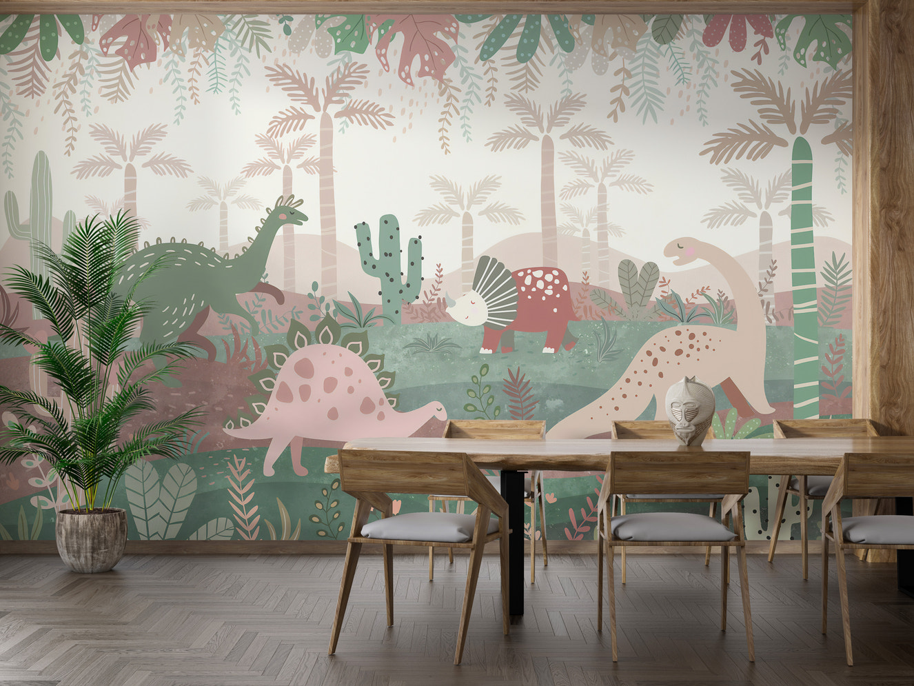 Green and pink dinosaurs wallpaper mural
